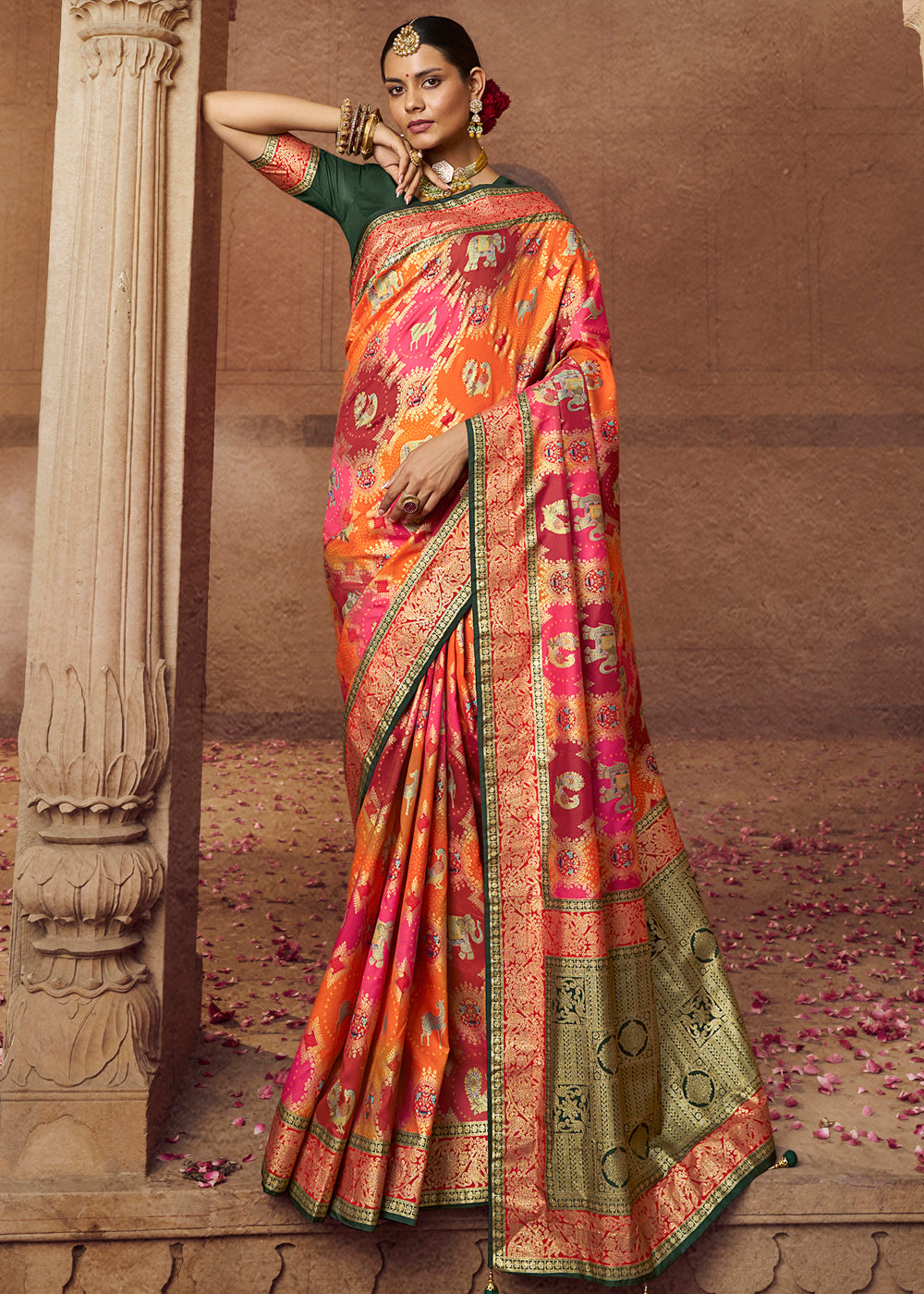 Multicolor Orange Woven Banarasi Silk Saree