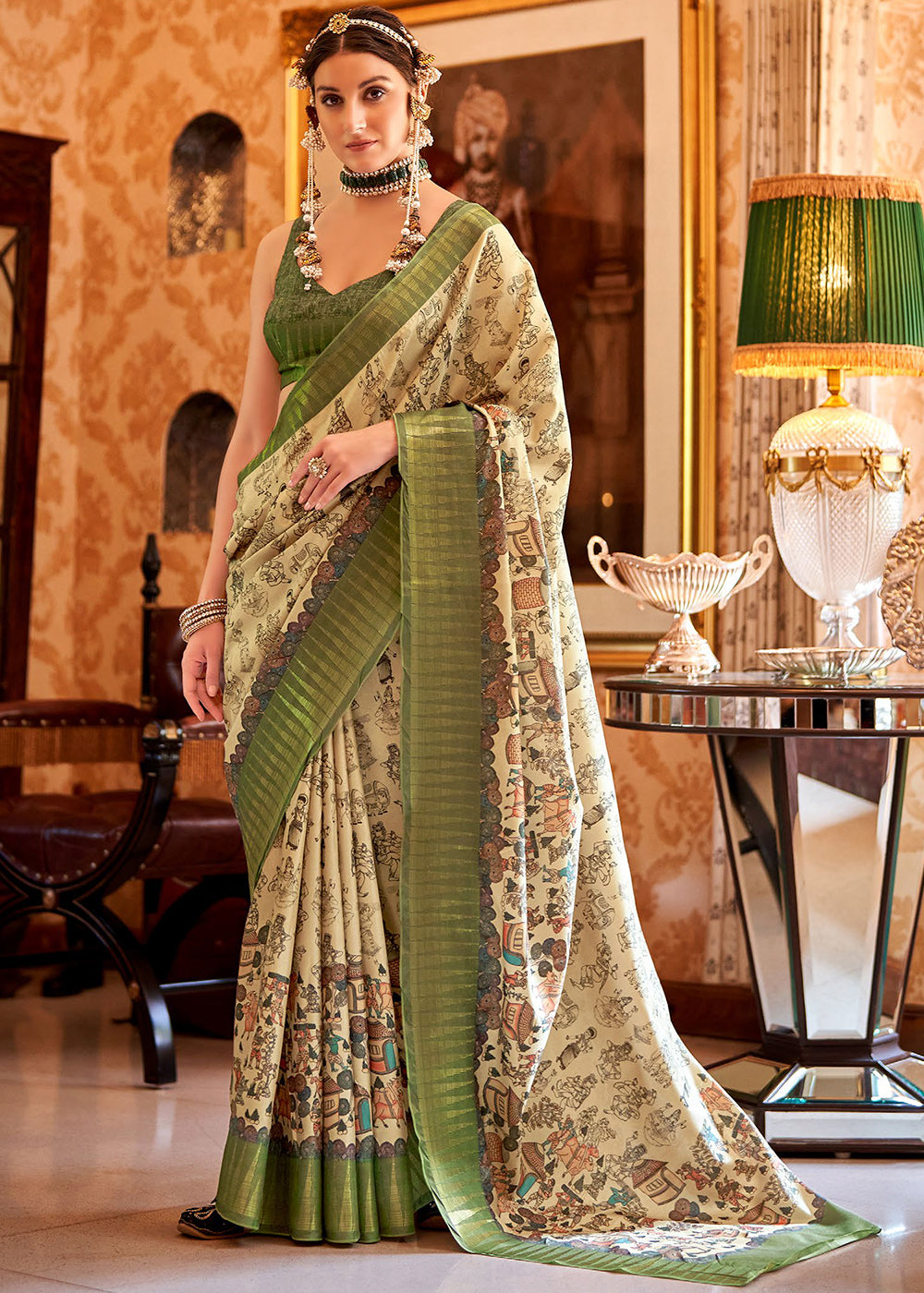 Ivory Cream and Green Manipuri Temple Border Printed Silk Saree