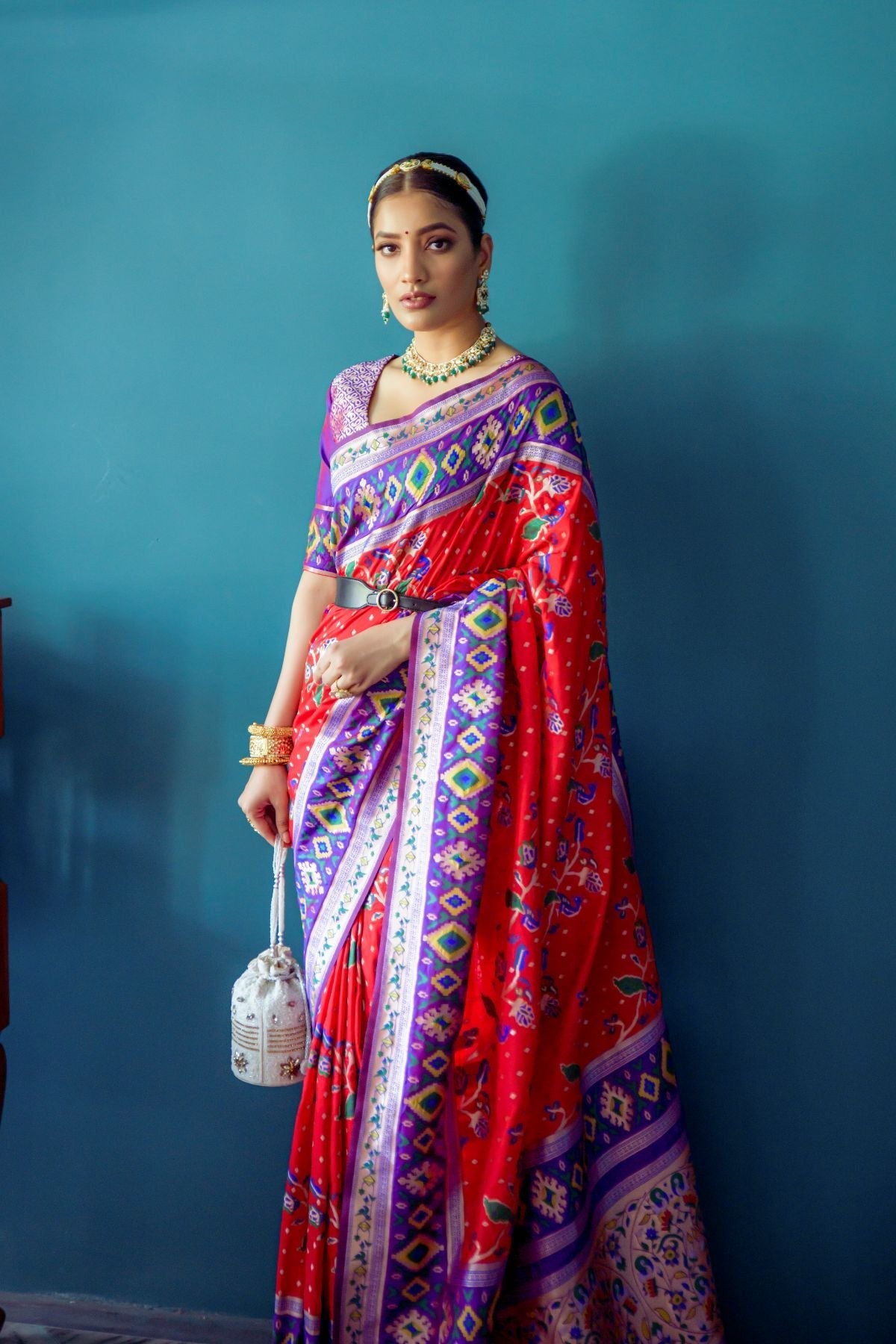 Venetain Red Patola Fusion Paithani Silk Saree