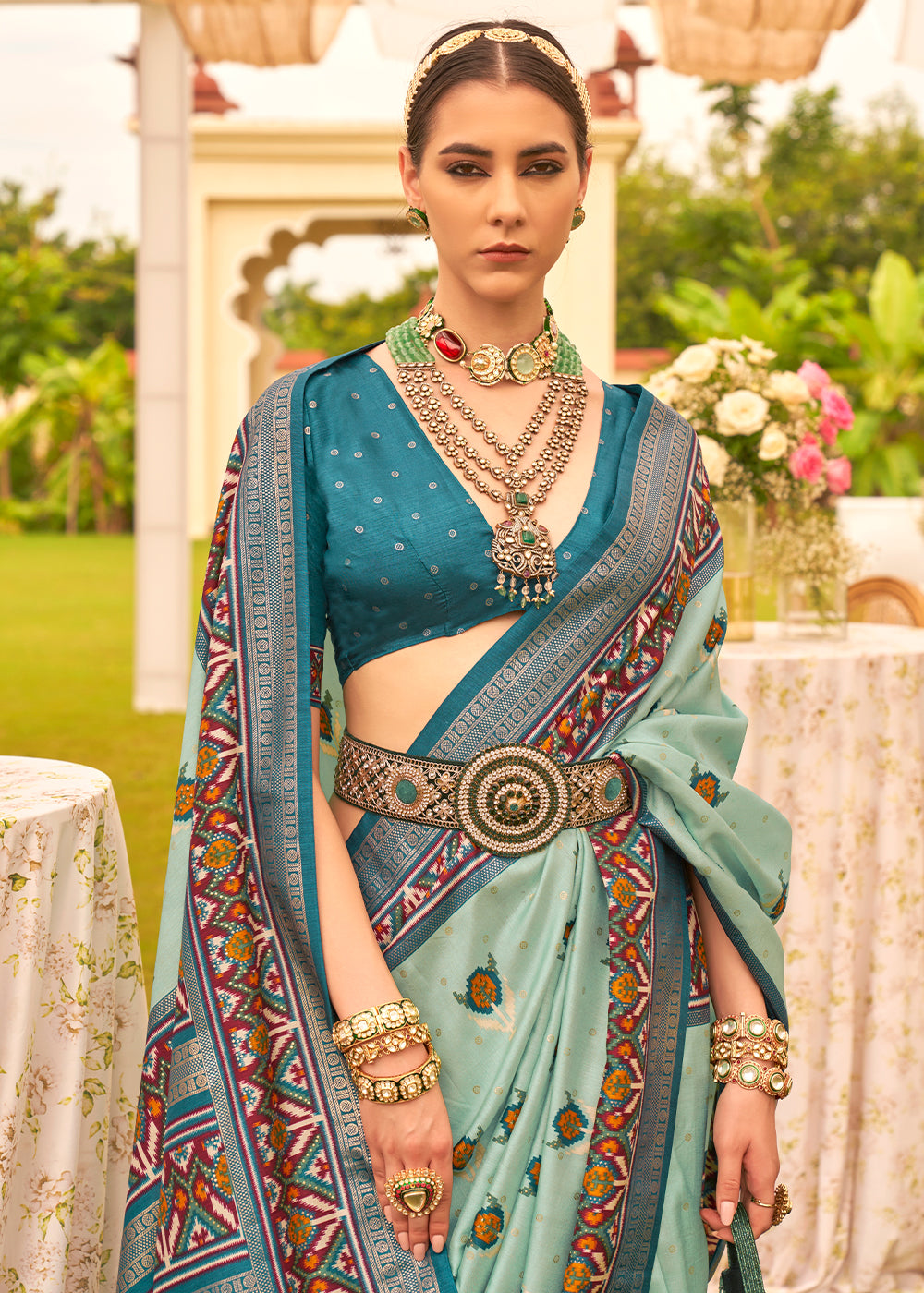 Envy Blue Printed Patola Designer Silk Saree