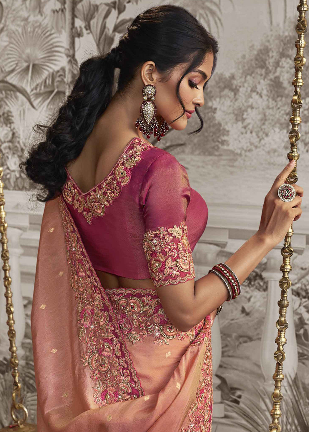 Pastel Candy Pink Embroidered Designer Silk Saree