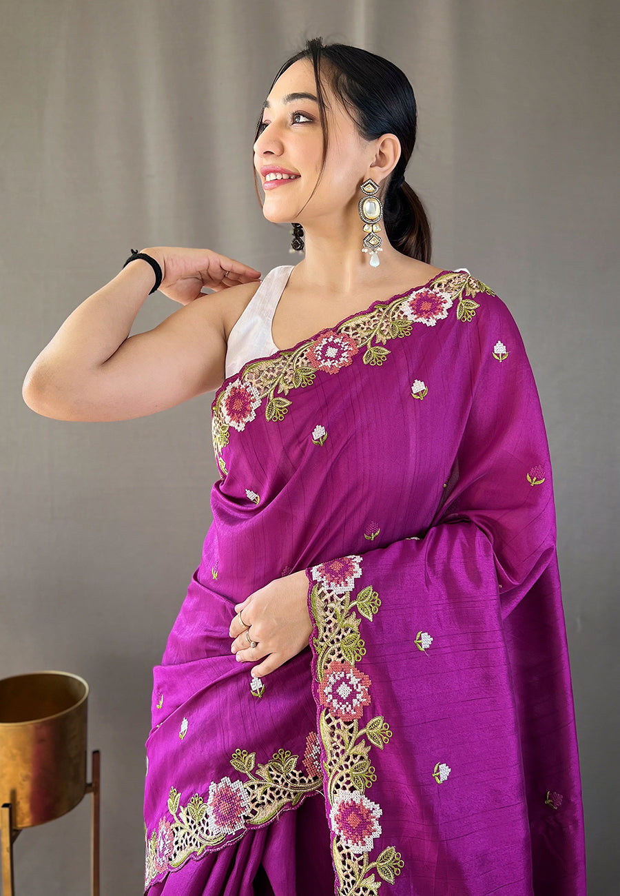 Mulberry Wood Purple Embroidered Tussar Silk Saree