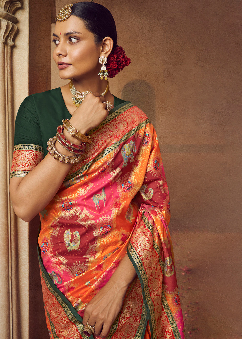 Multicolor Orange Woven Banarasi Silk Saree