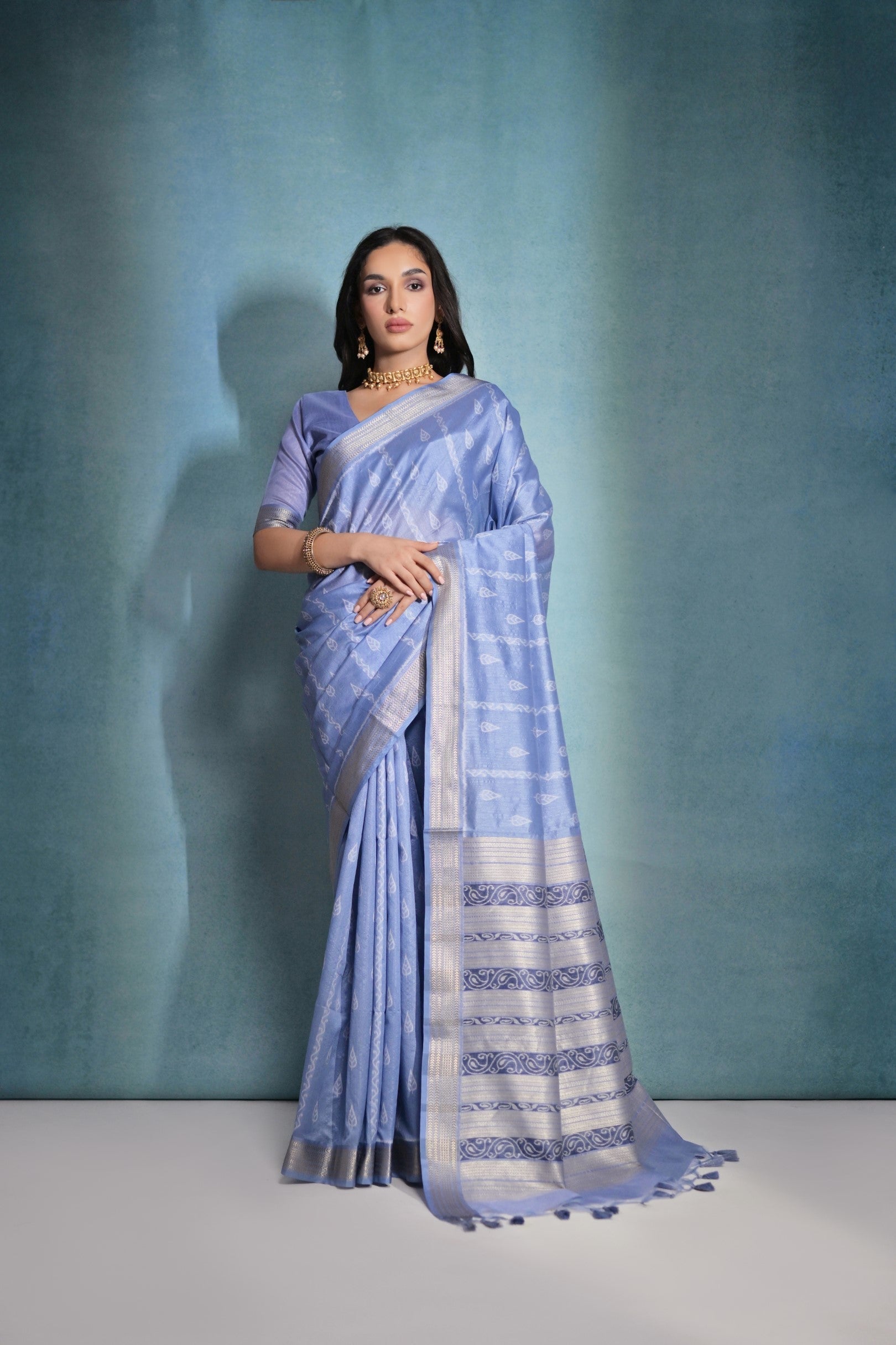 Polo Blue Ikkat Woven Raw Silk Saree