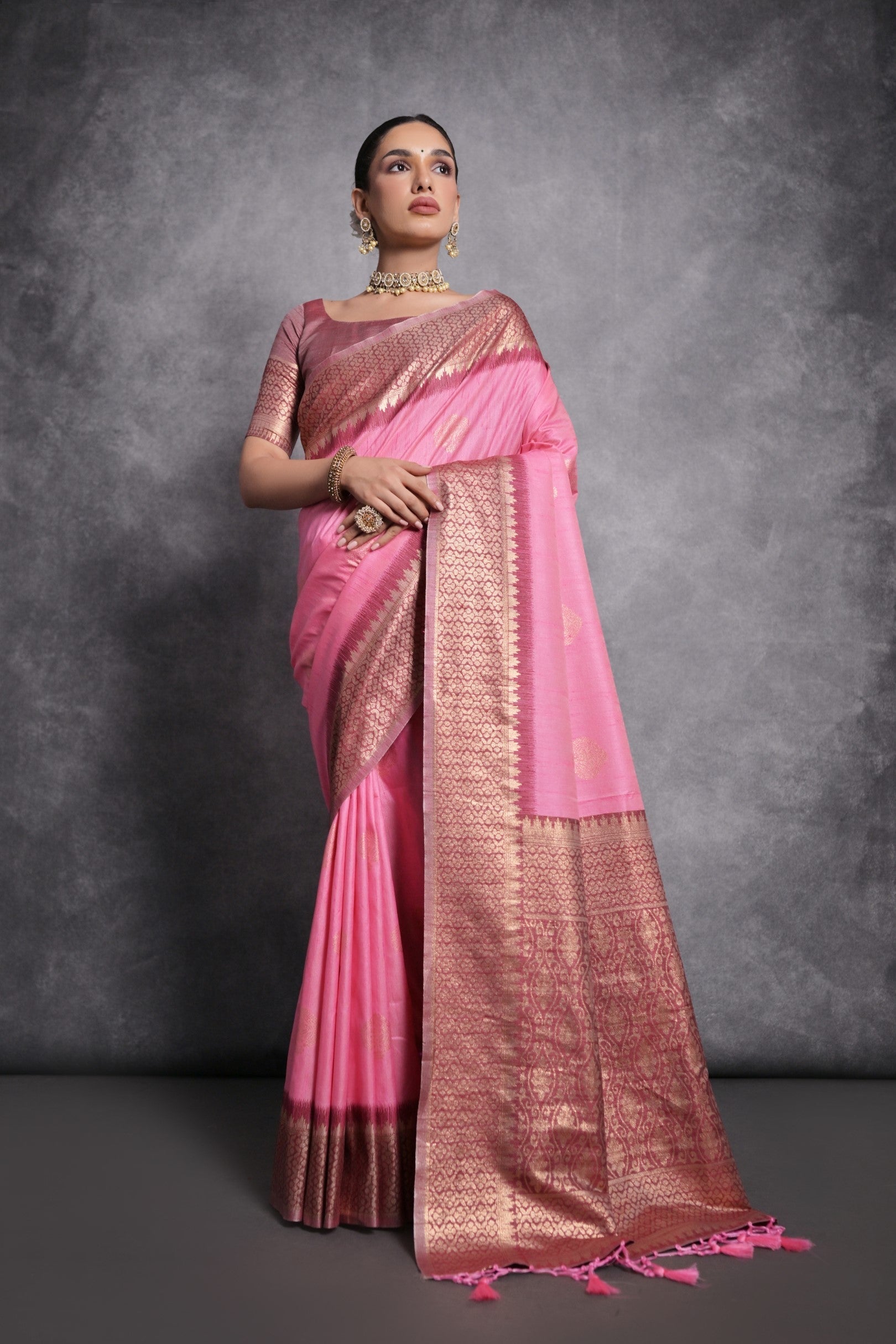 Shocking Pink Tussar Temple Border Silk Saree