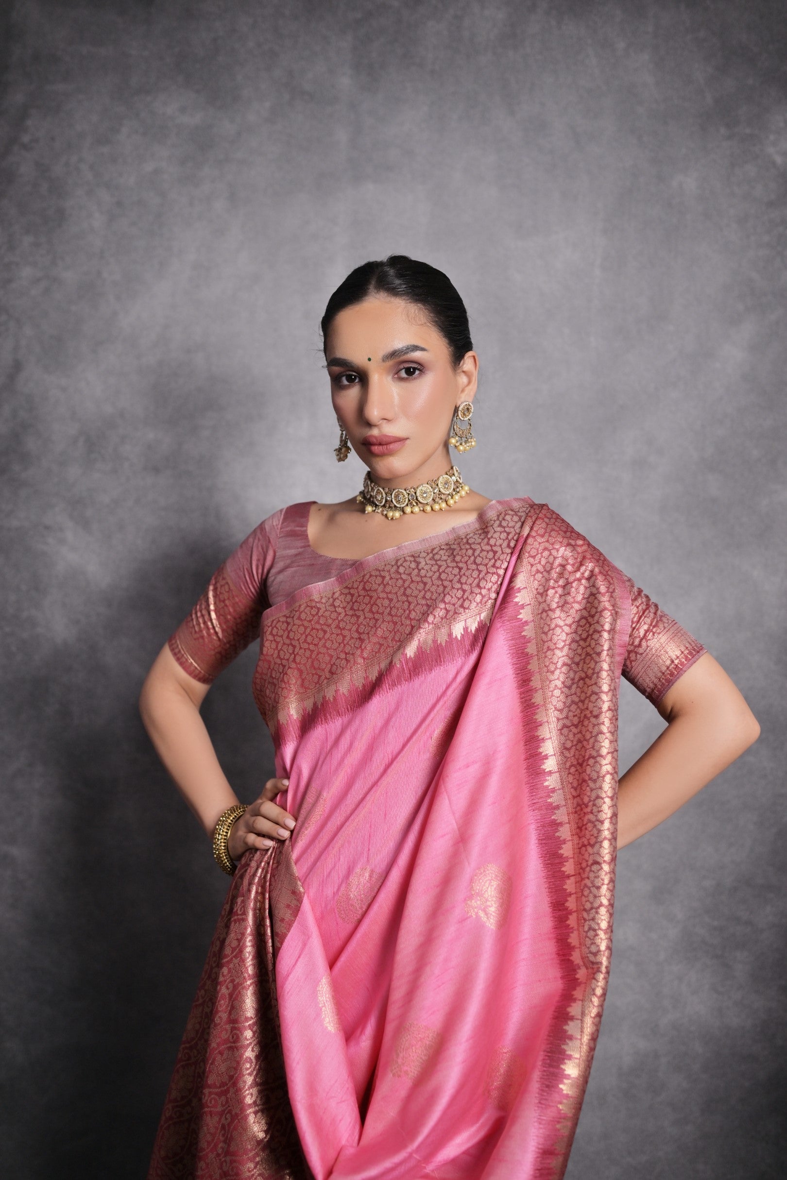 Shocking Pink Tussar Temple Border Silk Saree