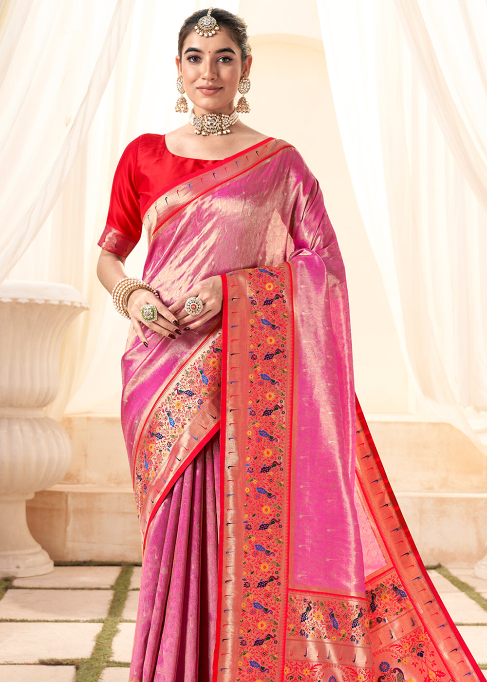 Chestnut Rose Pink Woven Paithani Tissue Silk Saree