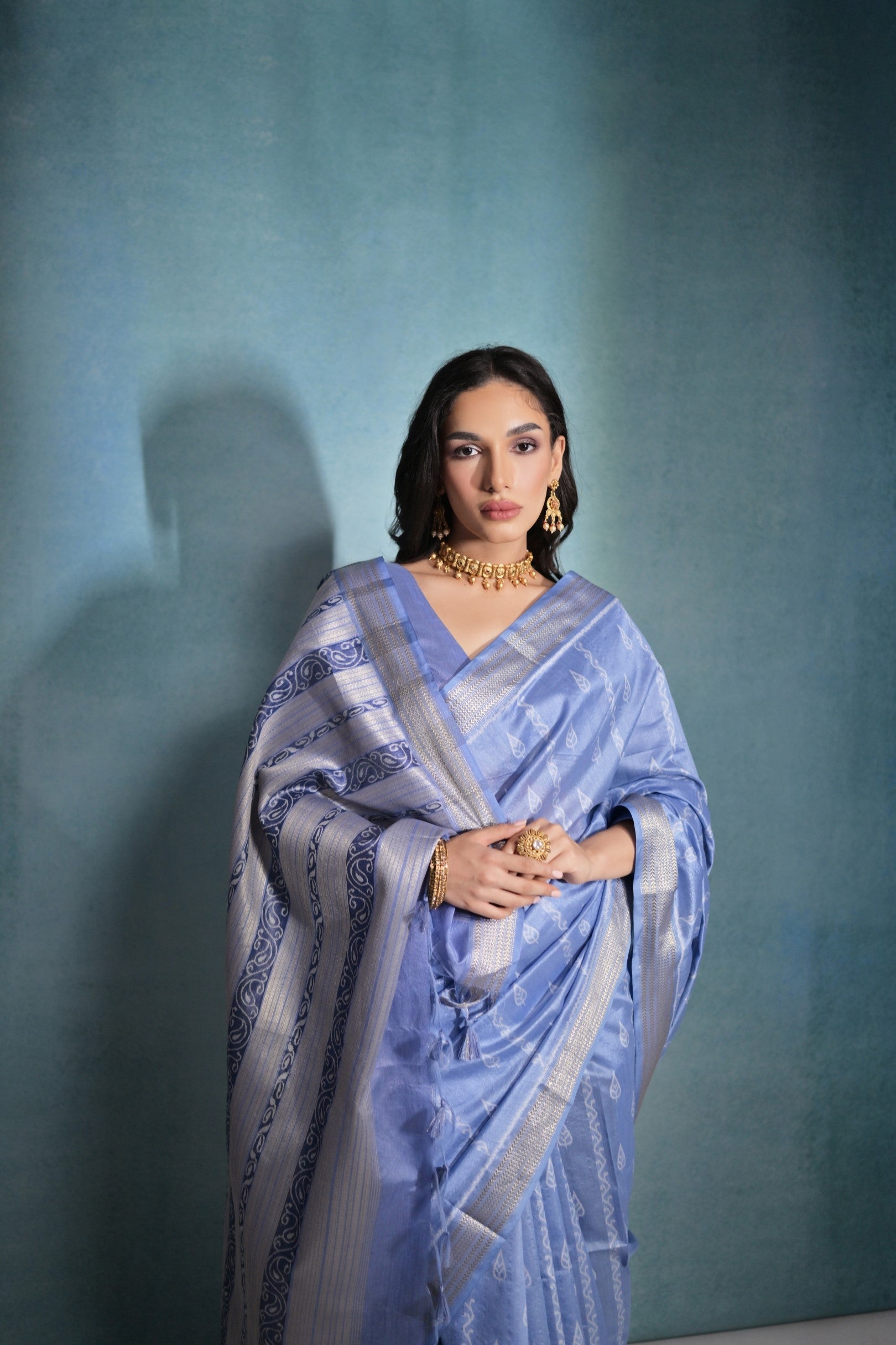 Polo Blue Ikkat Woven Raw Silk Saree