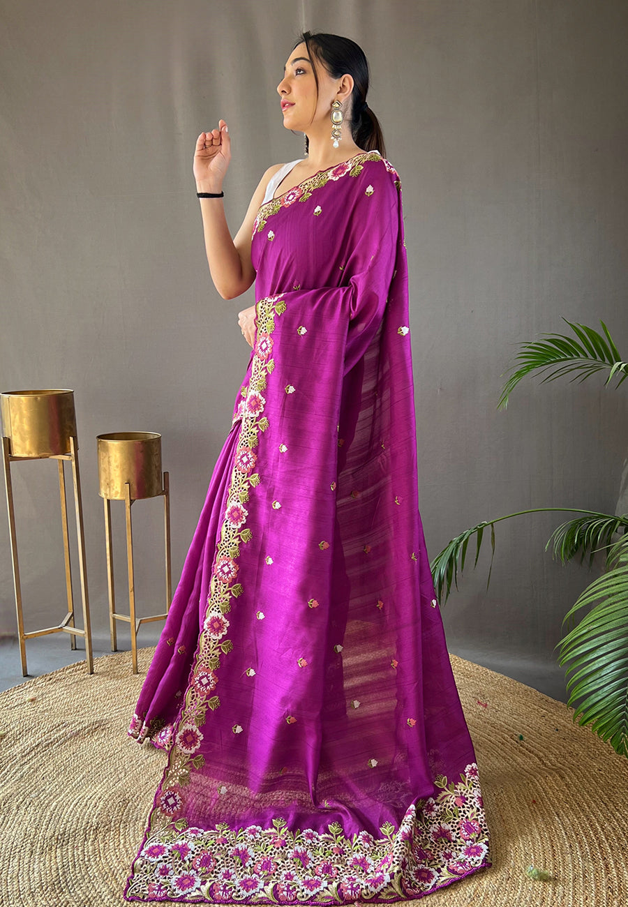 Mulberry Wood Purple Embroidered Tussar Silk Saree