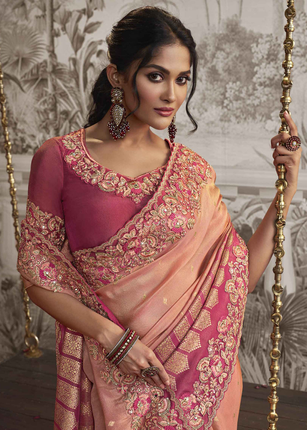 Pastel Candy Pink Embroidered Designer Silk Saree