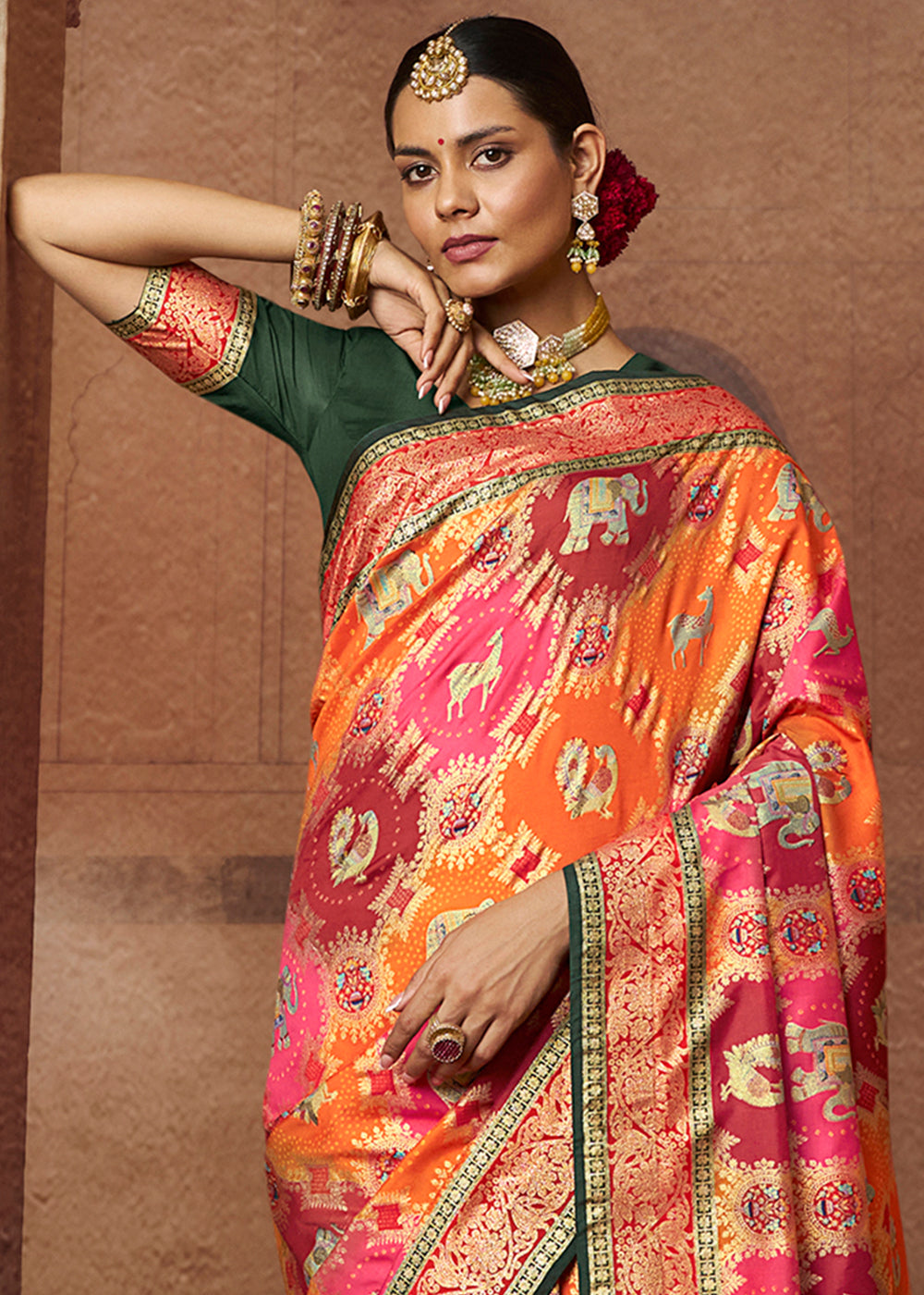 Multicolor Orange Woven Banarasi Silk Saree