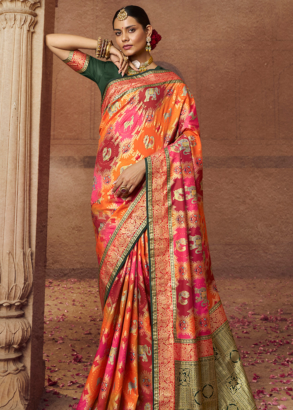 Multicolor Orange Woven Banarasi Silk Saree