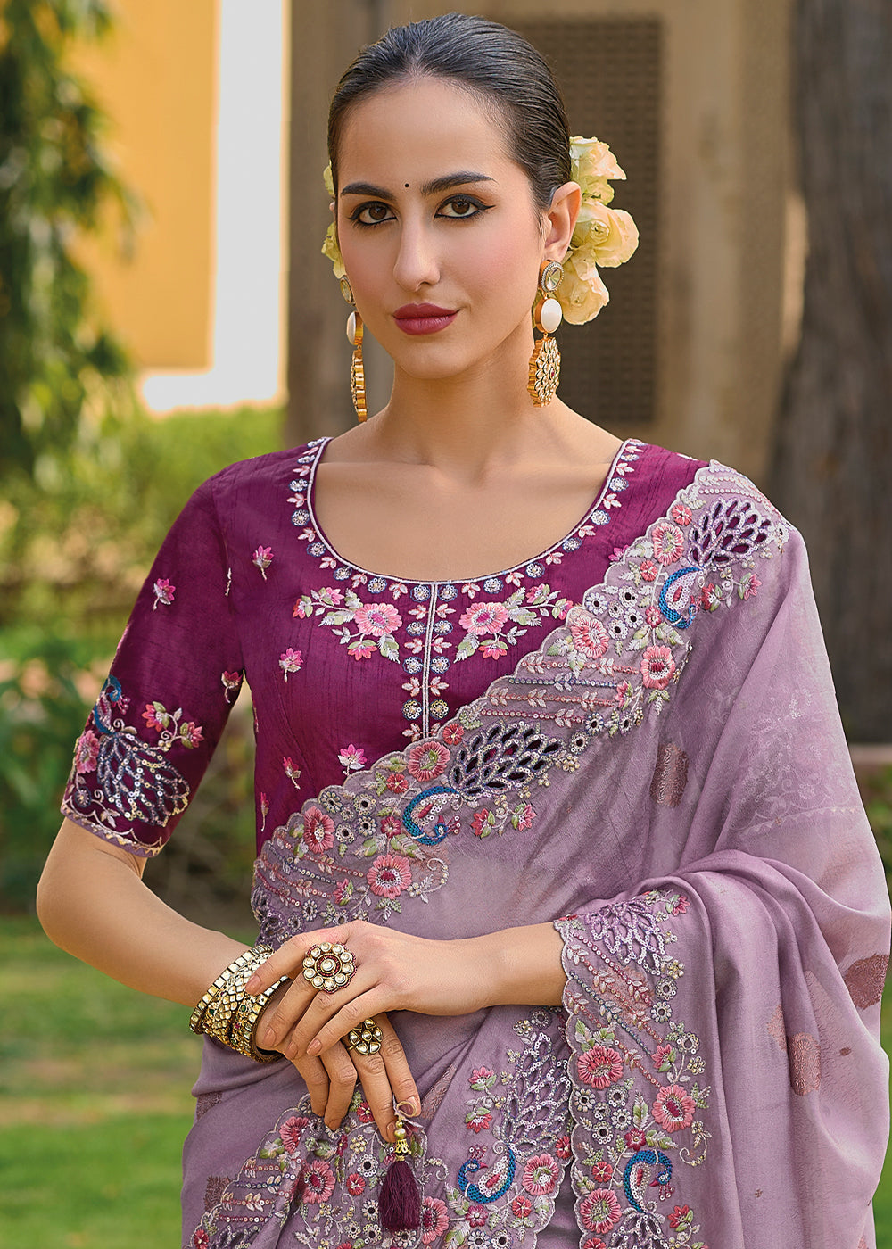 Falcon Purple Tissue Organza Embroidered Silk Saree