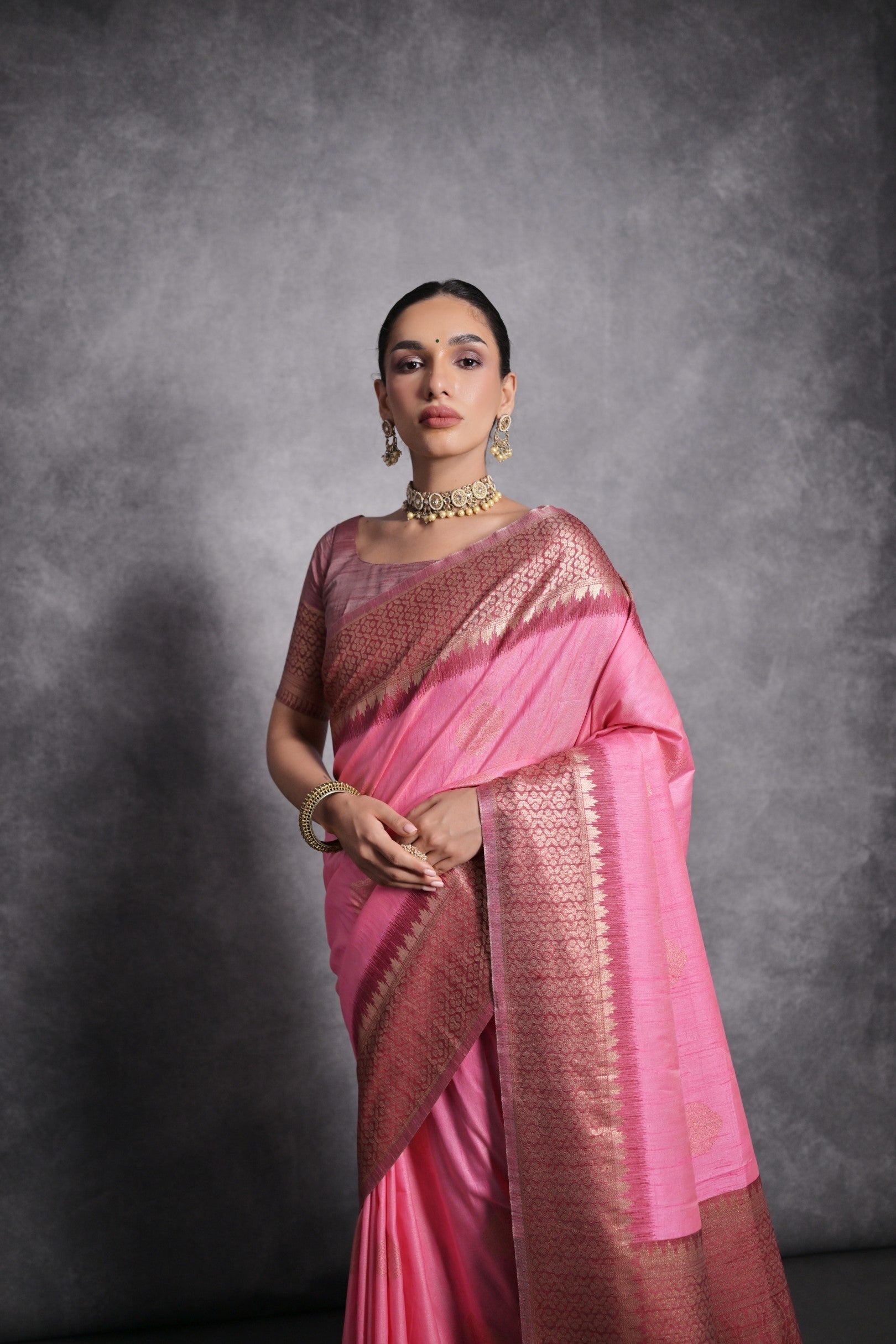 Shocking Pink Tussar Temple Border Silk Saree