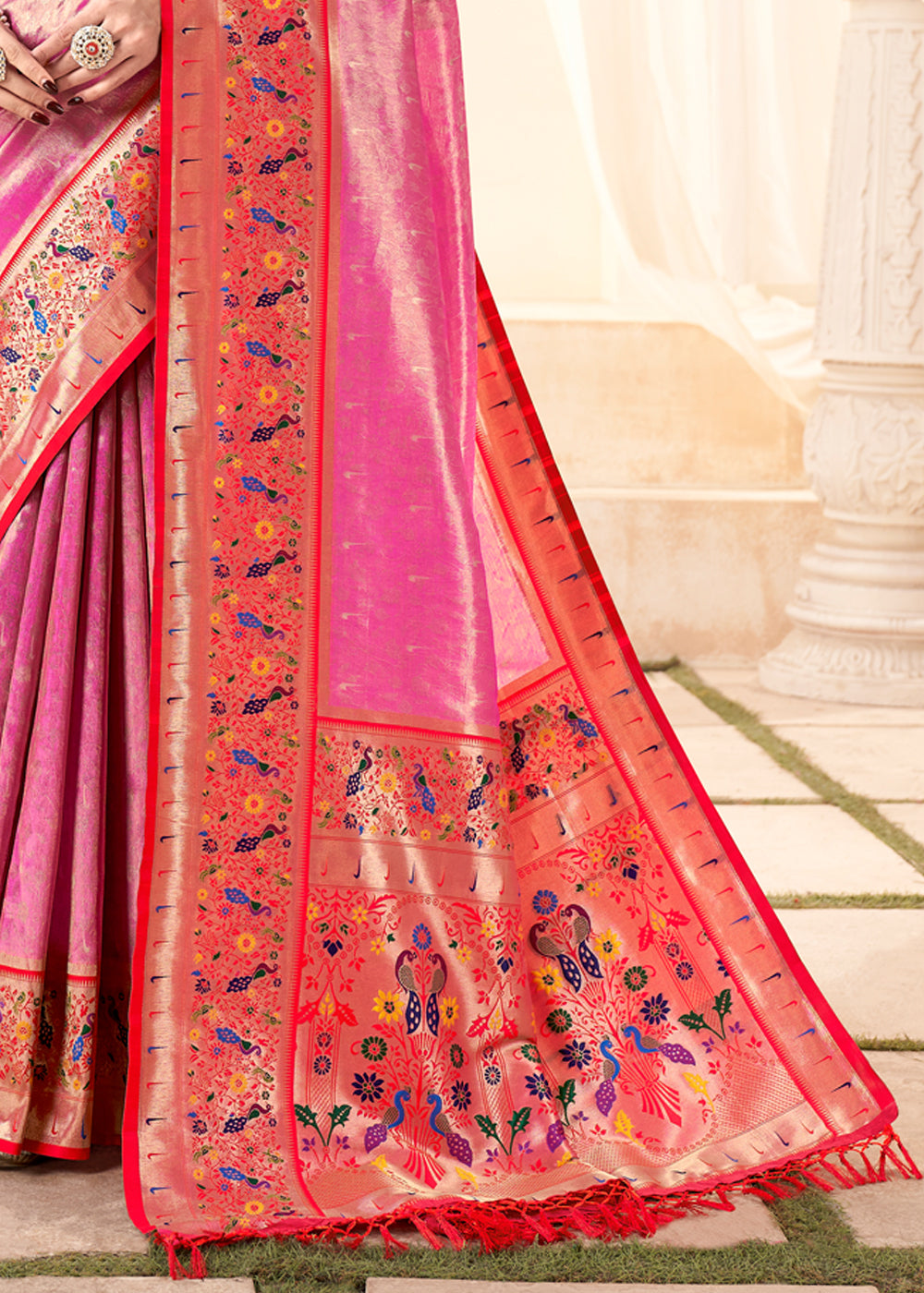 Chestnut Rose Pink Woven Paithani Tissue Silk Saree