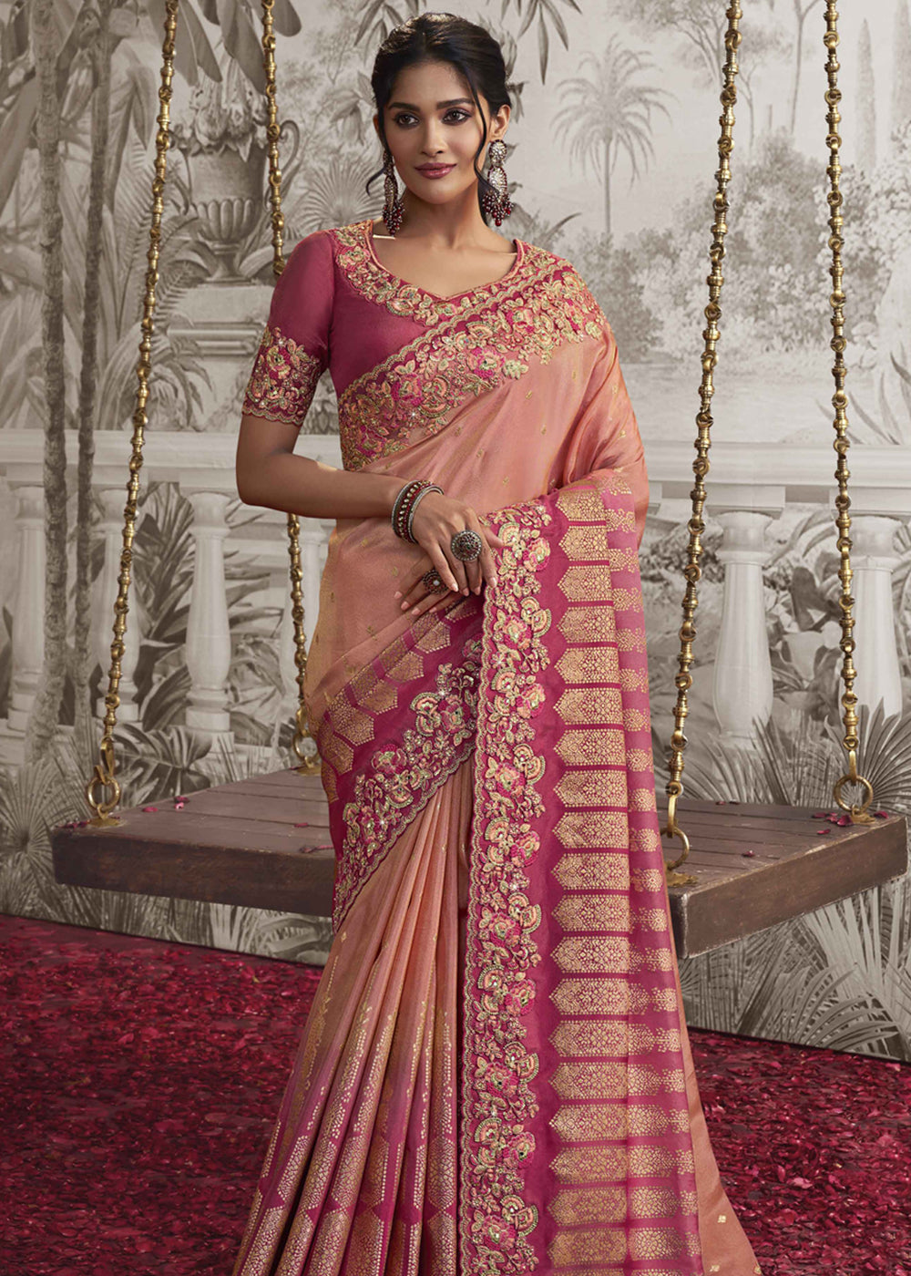 Pastel Candy Pink Embroidered Designer Silk Saree