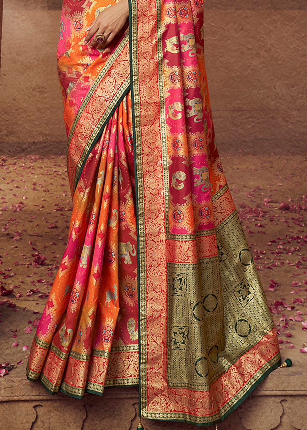 Multicolor Orange Woven Banarasi Silk Saree