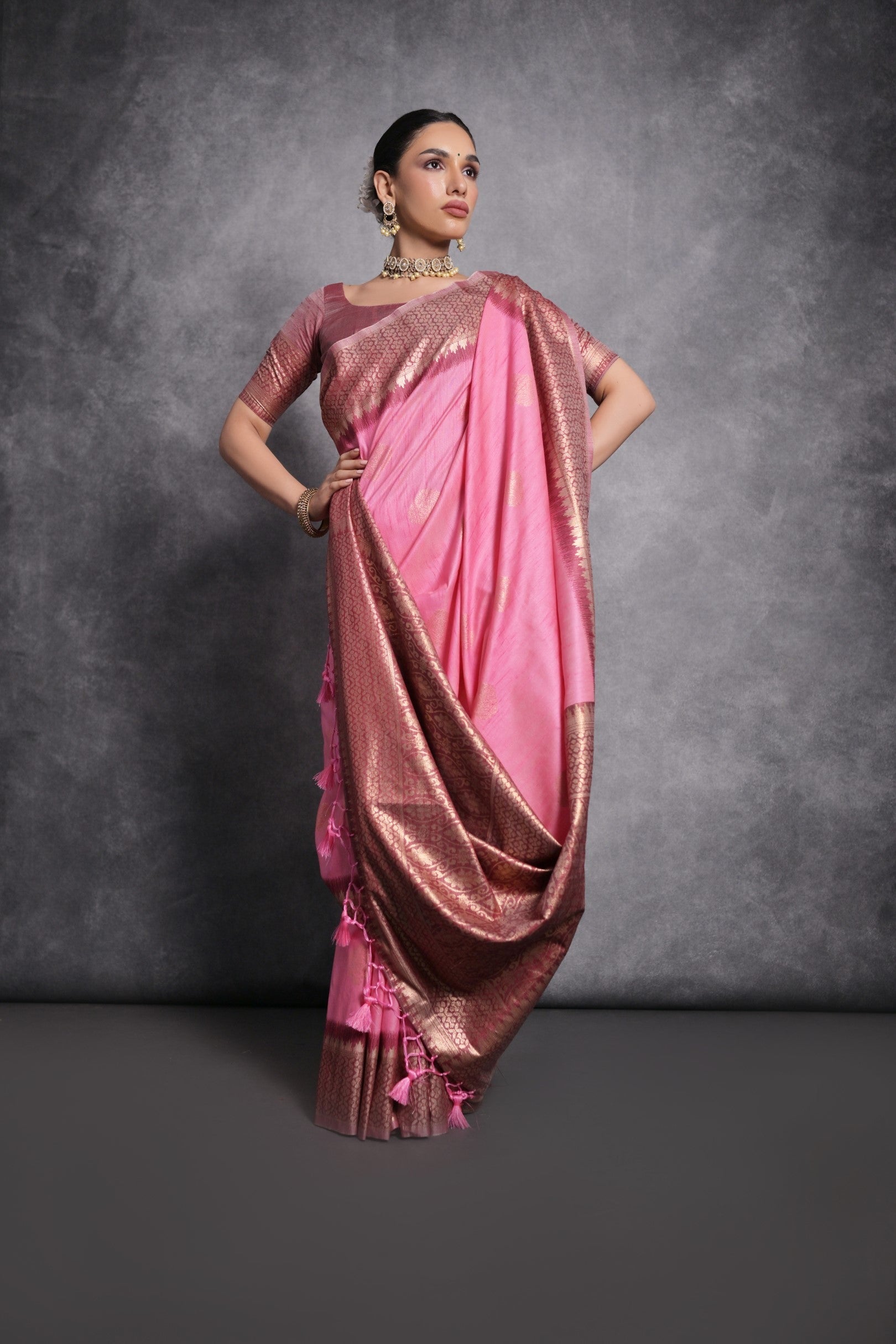 Shocking Pink Tussar Temple Border Silk Saree