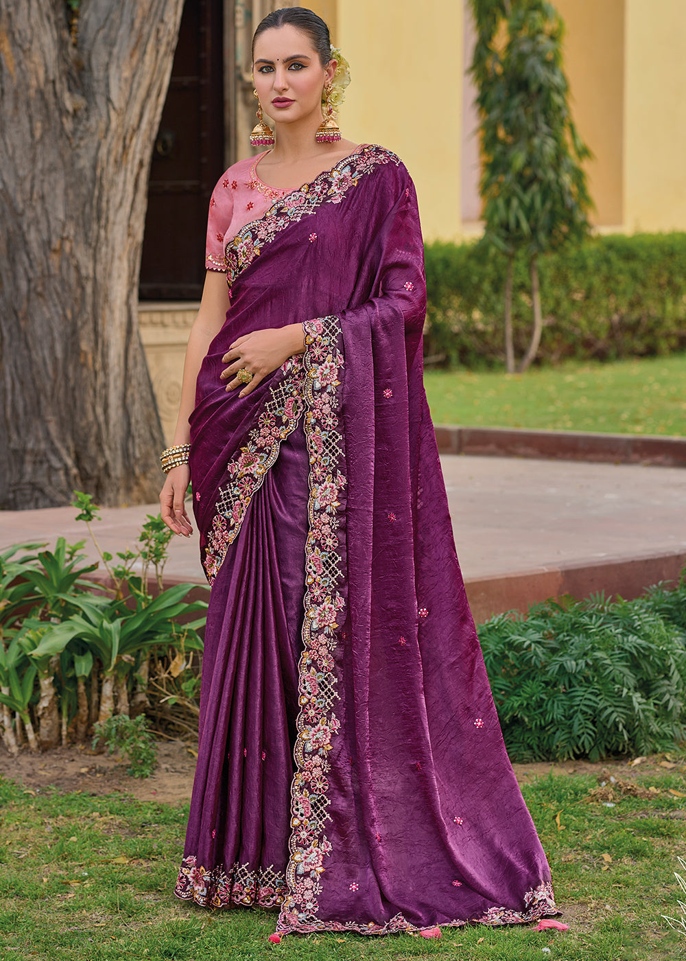 Cosmic Purple Tissue Organza Embroidered Silk Saree