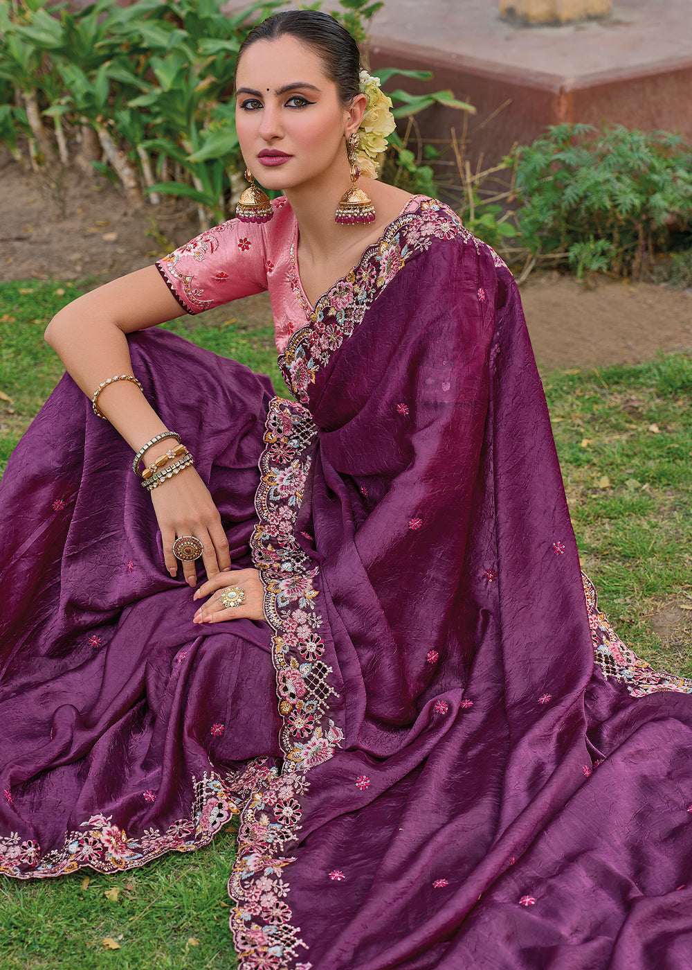 Cosmic Purple Tissue Organza Embroidered Silk Saree