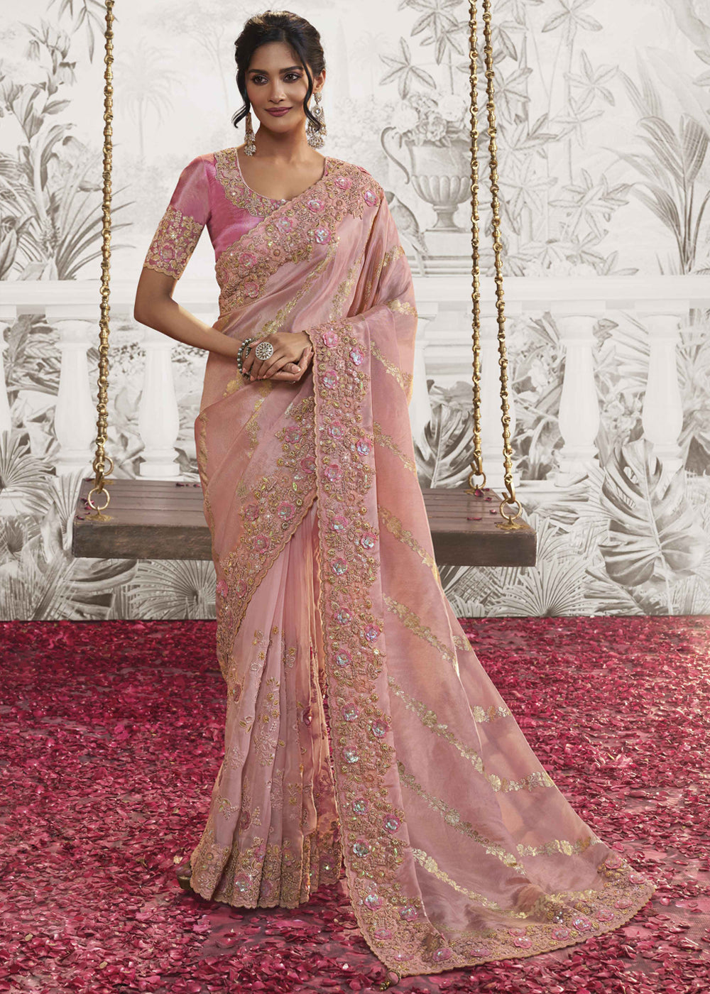 Flamingo Pink Embroidered Designer Silk Saree