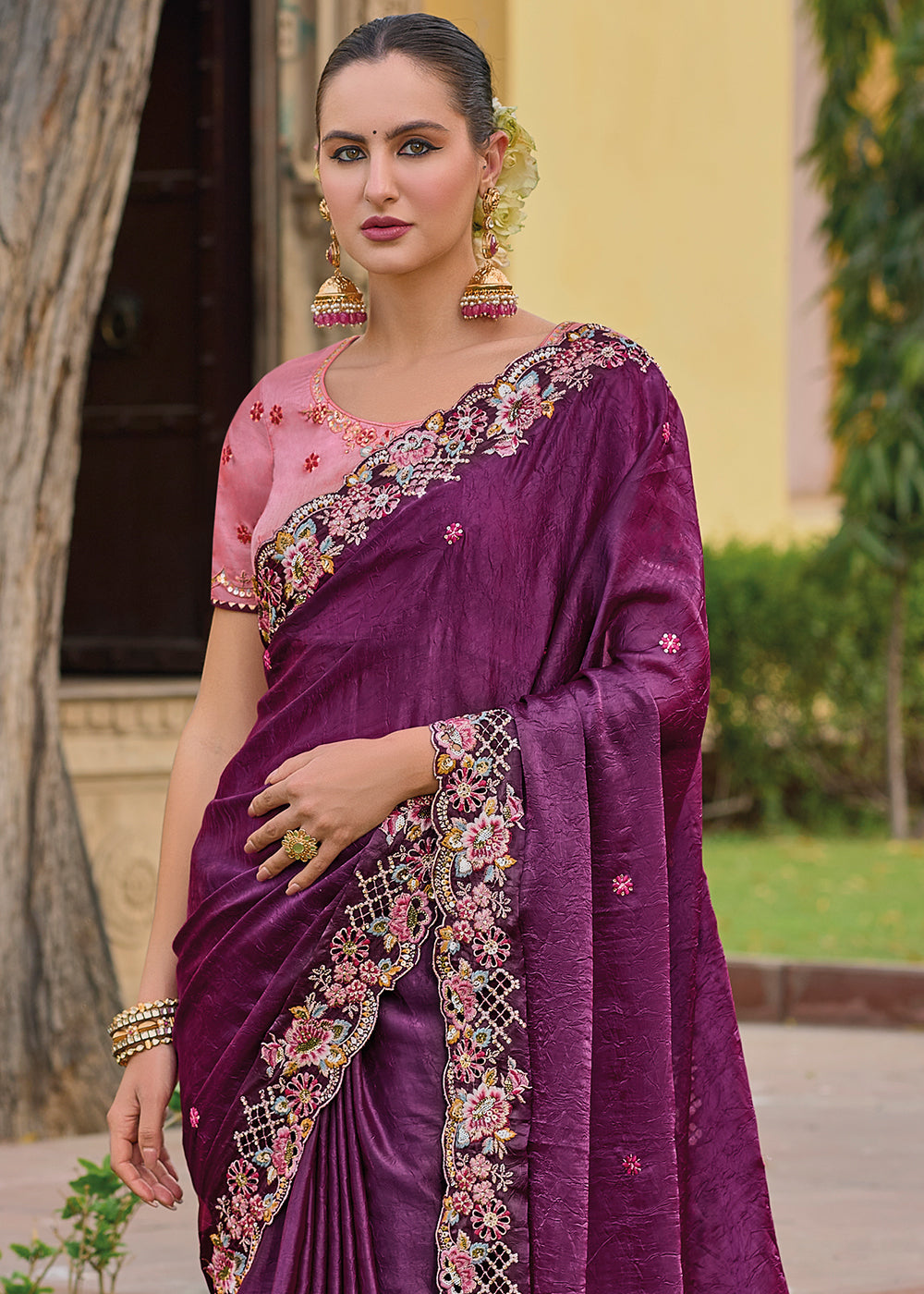 Cosmic Purple Tissue Organza Embroidered Silk Saree