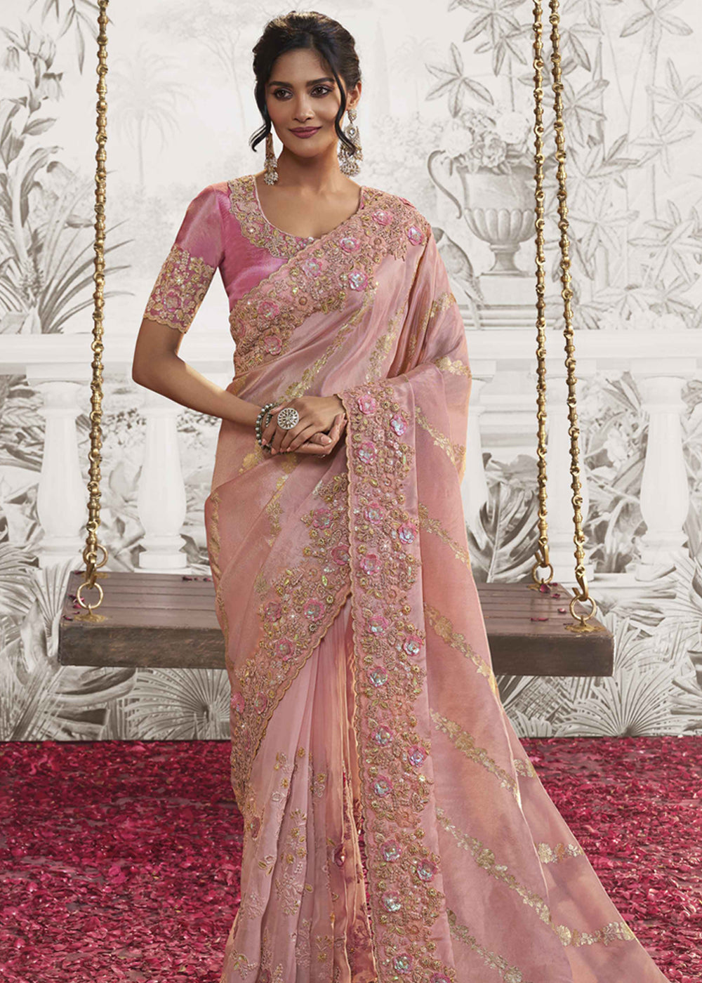 Flamingo Pink Embroidered Designer Silk Saree