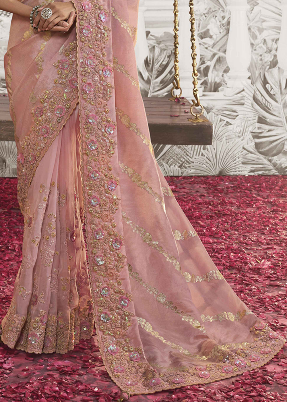 Flamingo Pink Embroidered Designer Silk Saree