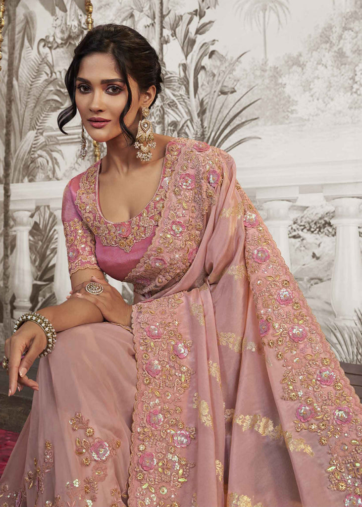 Flamingo Pink Embroidered Designer Silk Saree