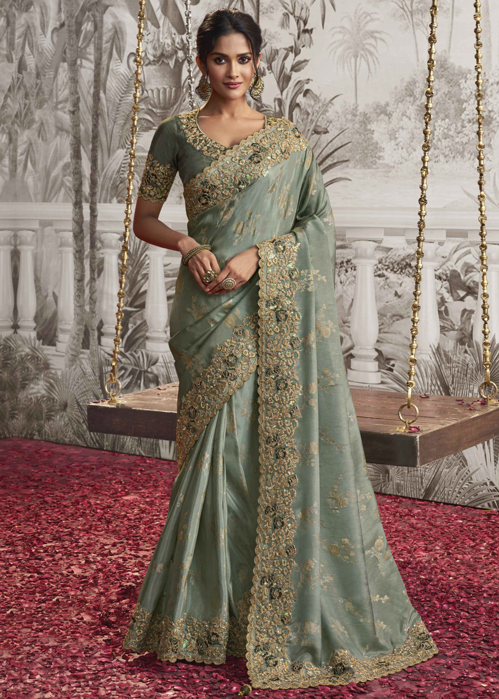 Laurel Green Embroidered Designer Silk Saree