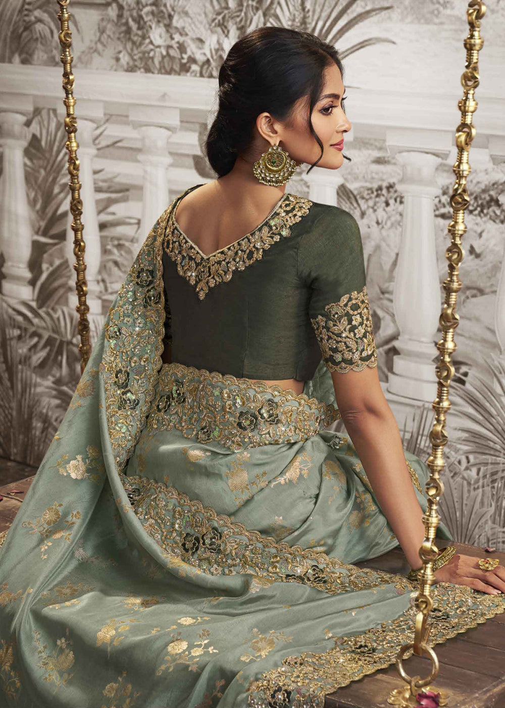 Laurel Green Embroidered Designer Silk Saree