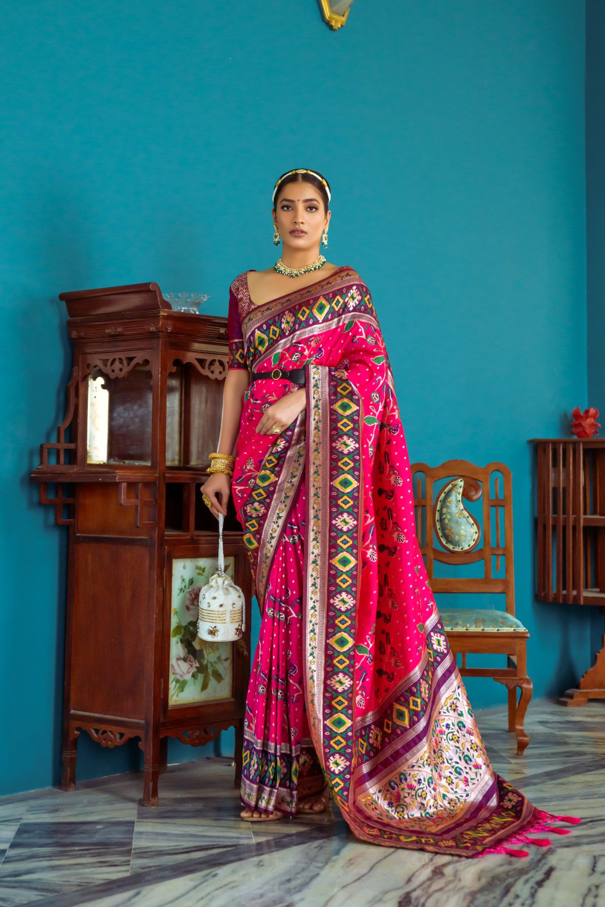 Barbie Pink Patola Fusion Paithani Silk Saree