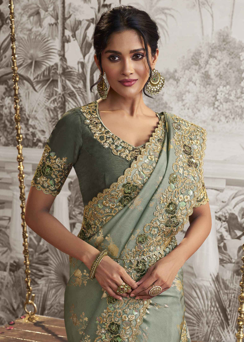 Laurel Green Embroidered Designer Silk Saree