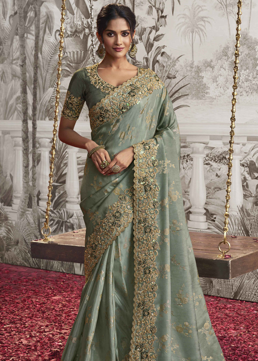 Laurel Green Embroidered Designer Silk Saree