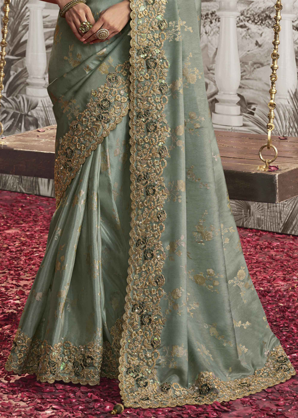 Laurel Green Embroidered Designer Silk Saree