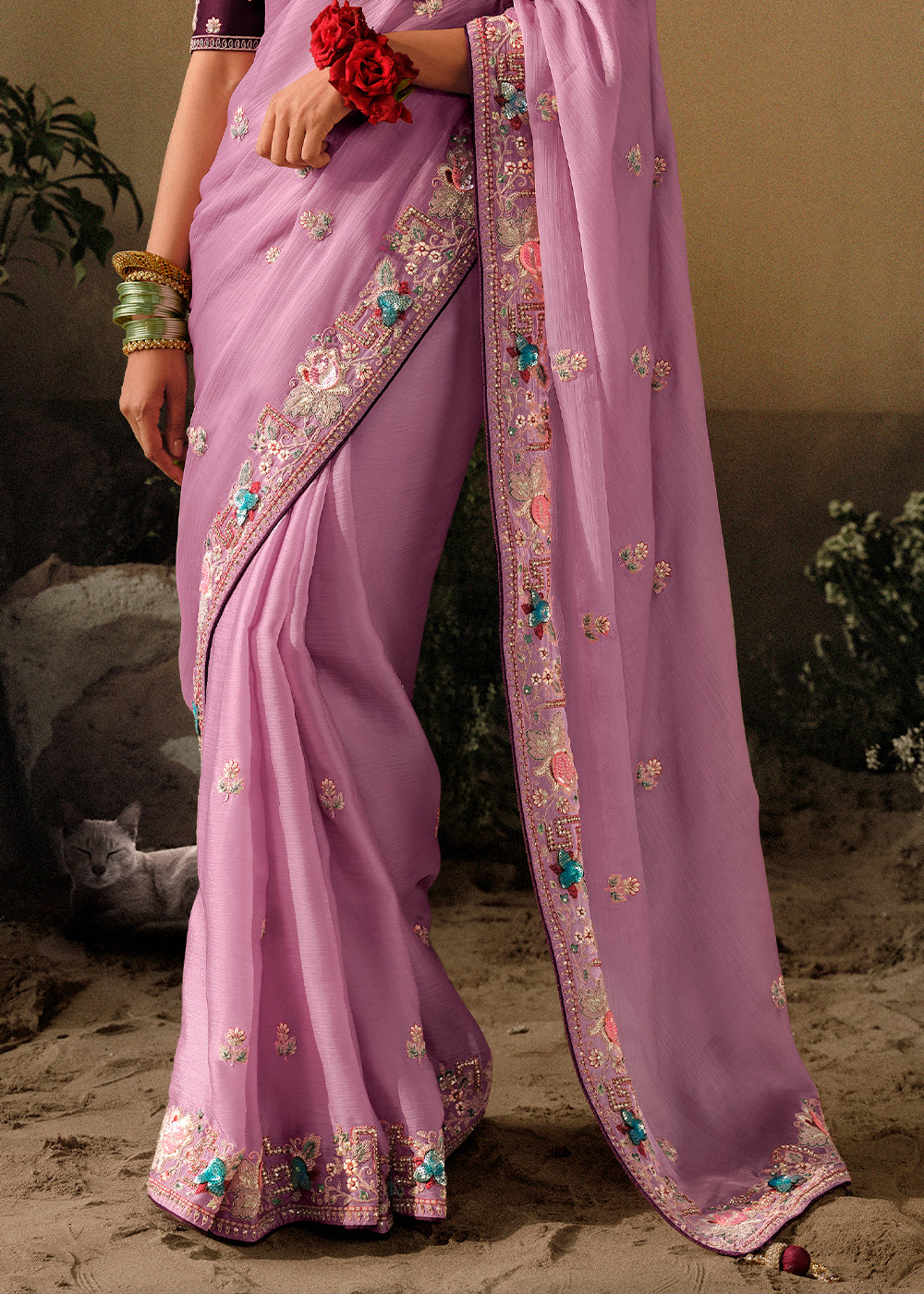 Puce Pink Embroidery Designer Banarasi Dola Silk Saree