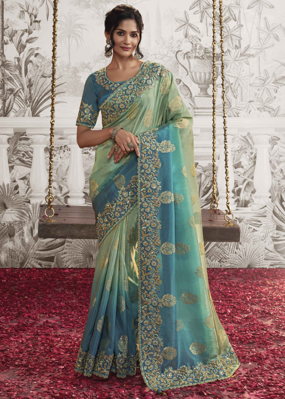 Windows Blue Embroidered Designer Silk Saree