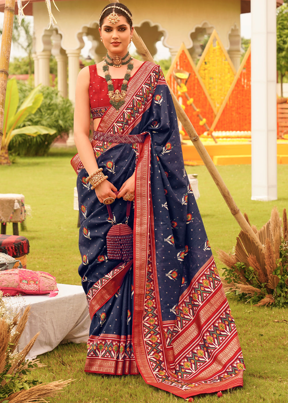 Ebony Blue Printed Patola Designer Silk Saree