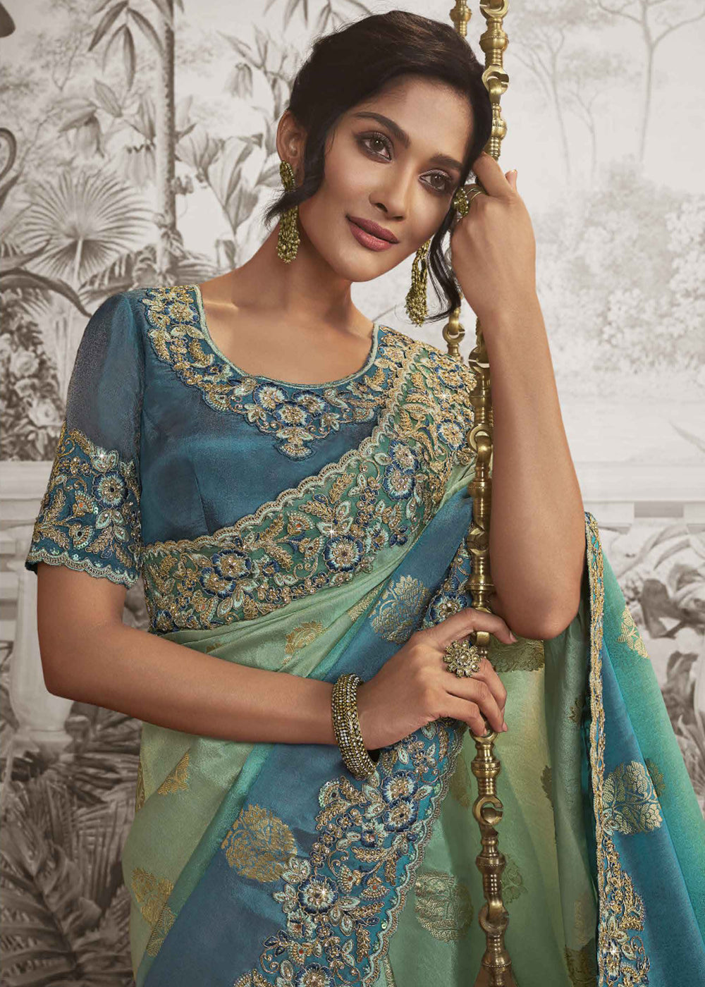 Windows Blue Embroidered Designer Silk Saree