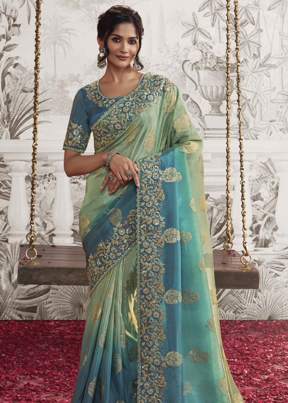 Windows Blue Embroidered Designer Silk Saree