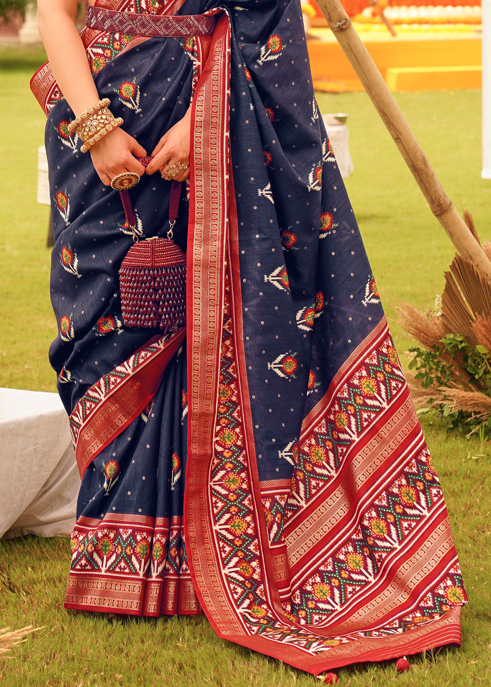 Ebony Blue Printed Patola Designer Silk Saree