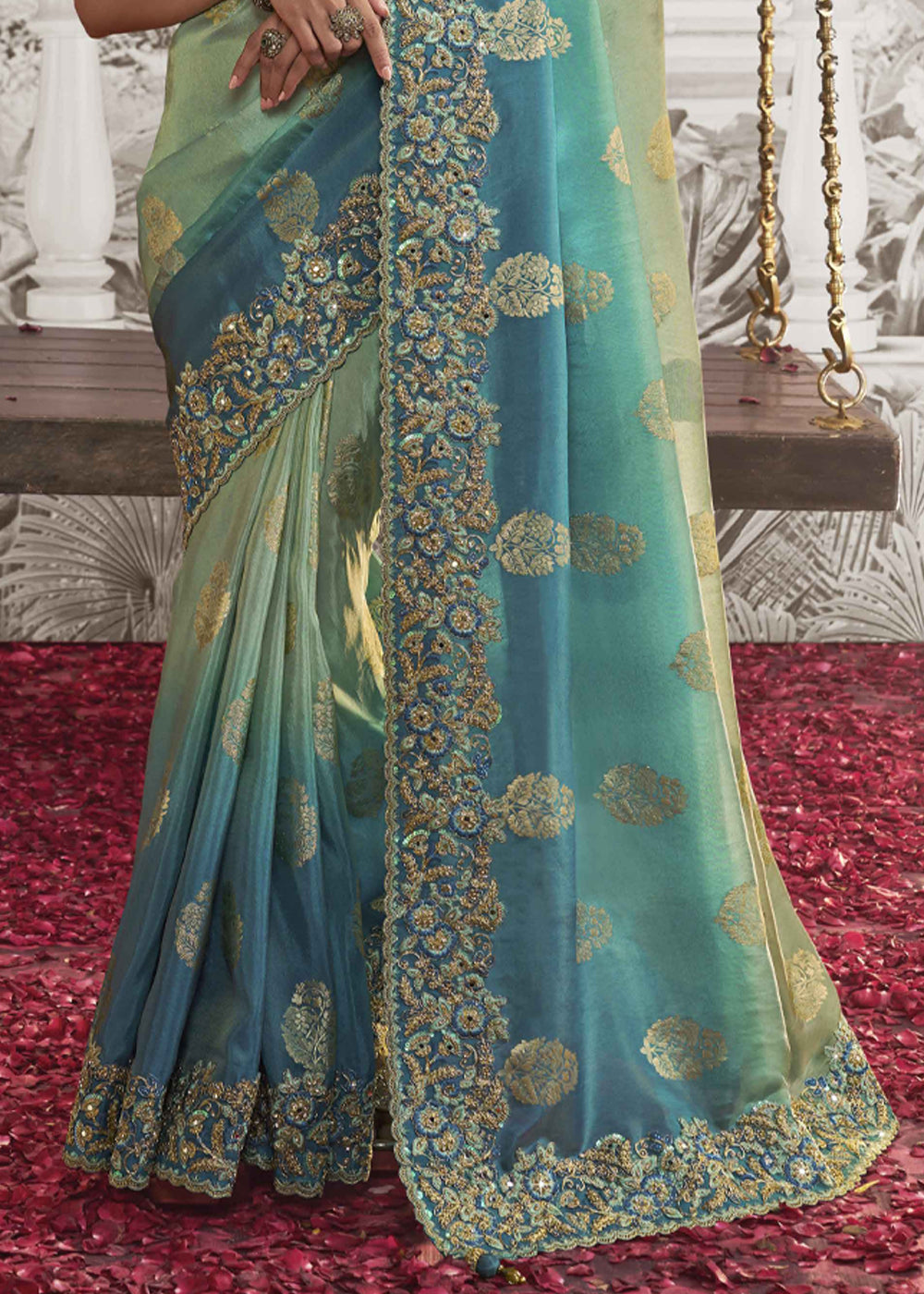 Windows Blue Embroidered Designer Silk Saree