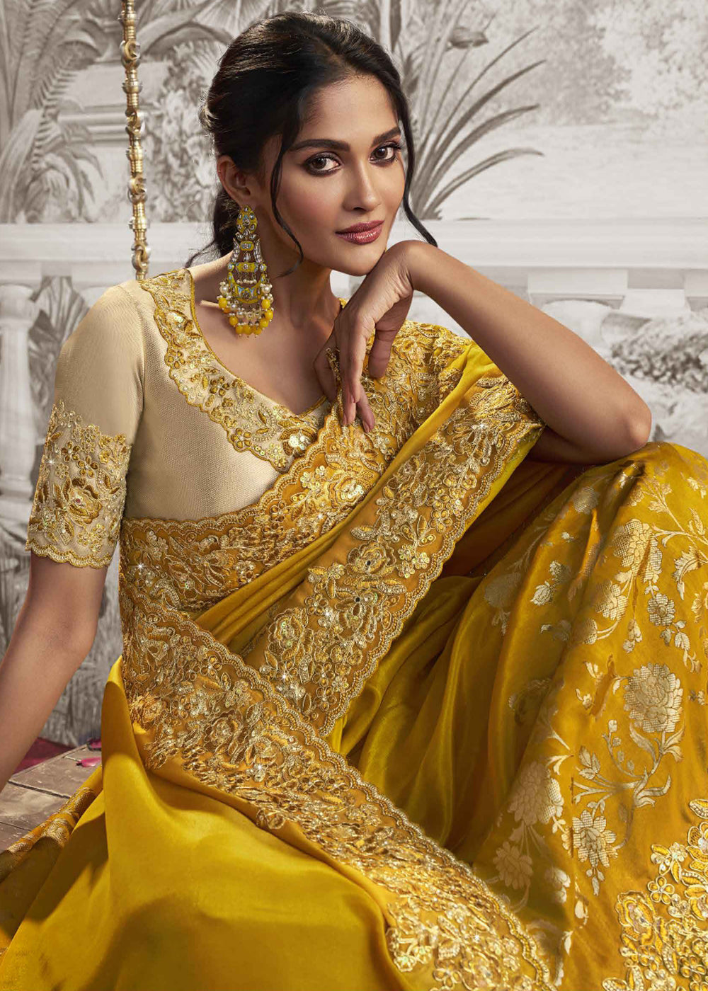 Cyber Yellow Embroidered Designer Silk Saree