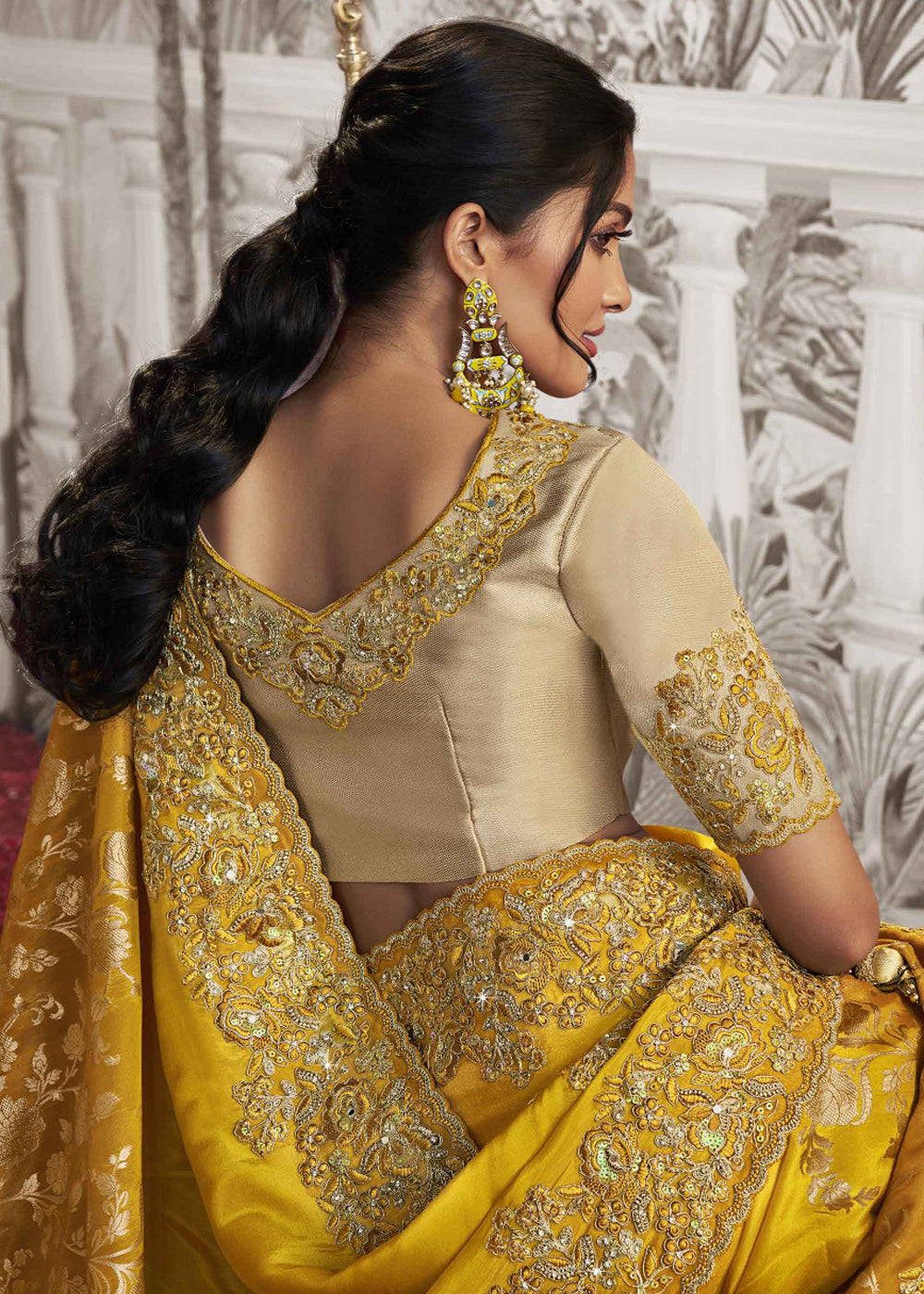 Cyber Yellow Embroidered Designer Silk Saree