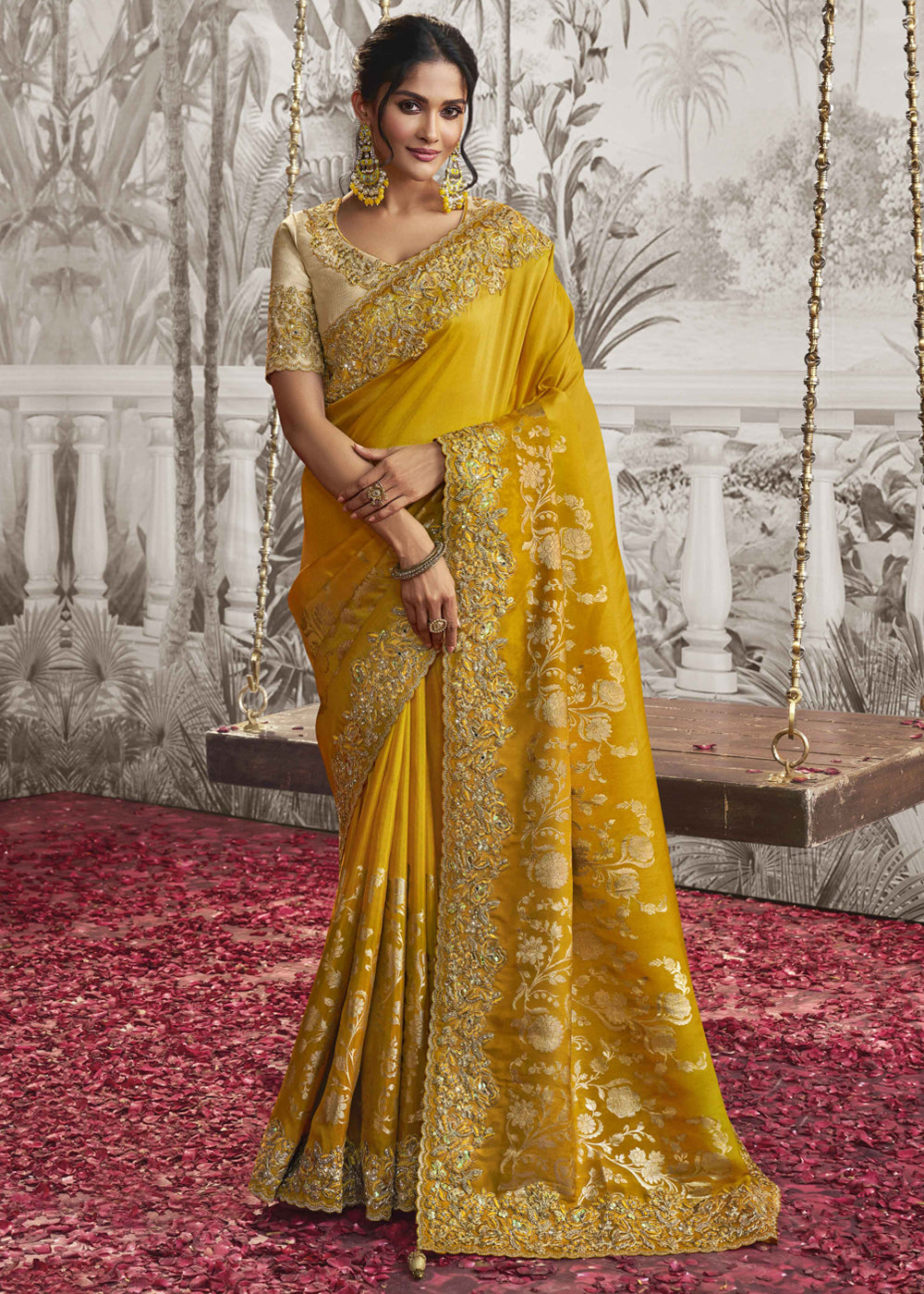 Cyber Yellow Embroidered Designer Silk Saree