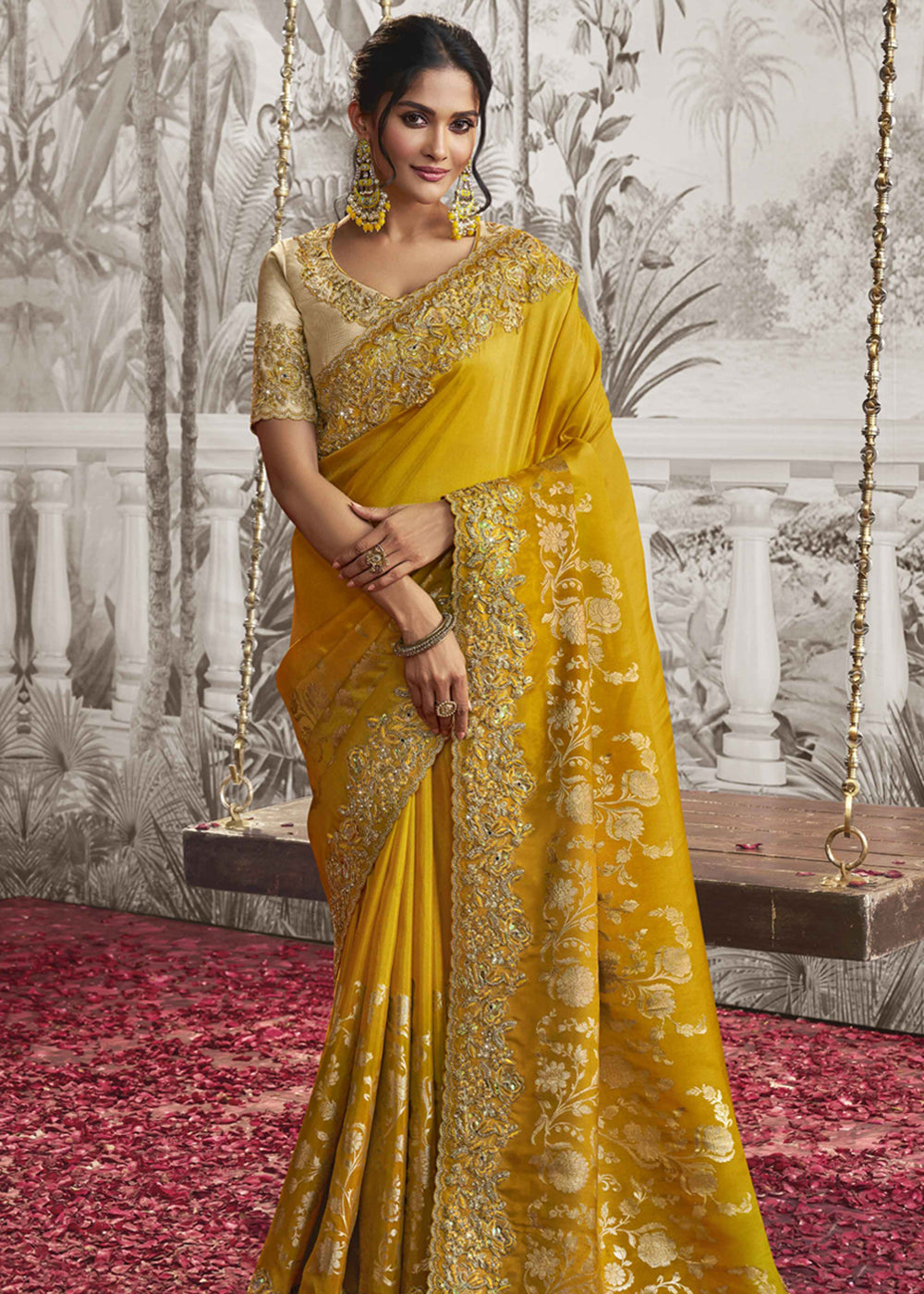 Cyber Yellow Embroidered Designer Silk Saree