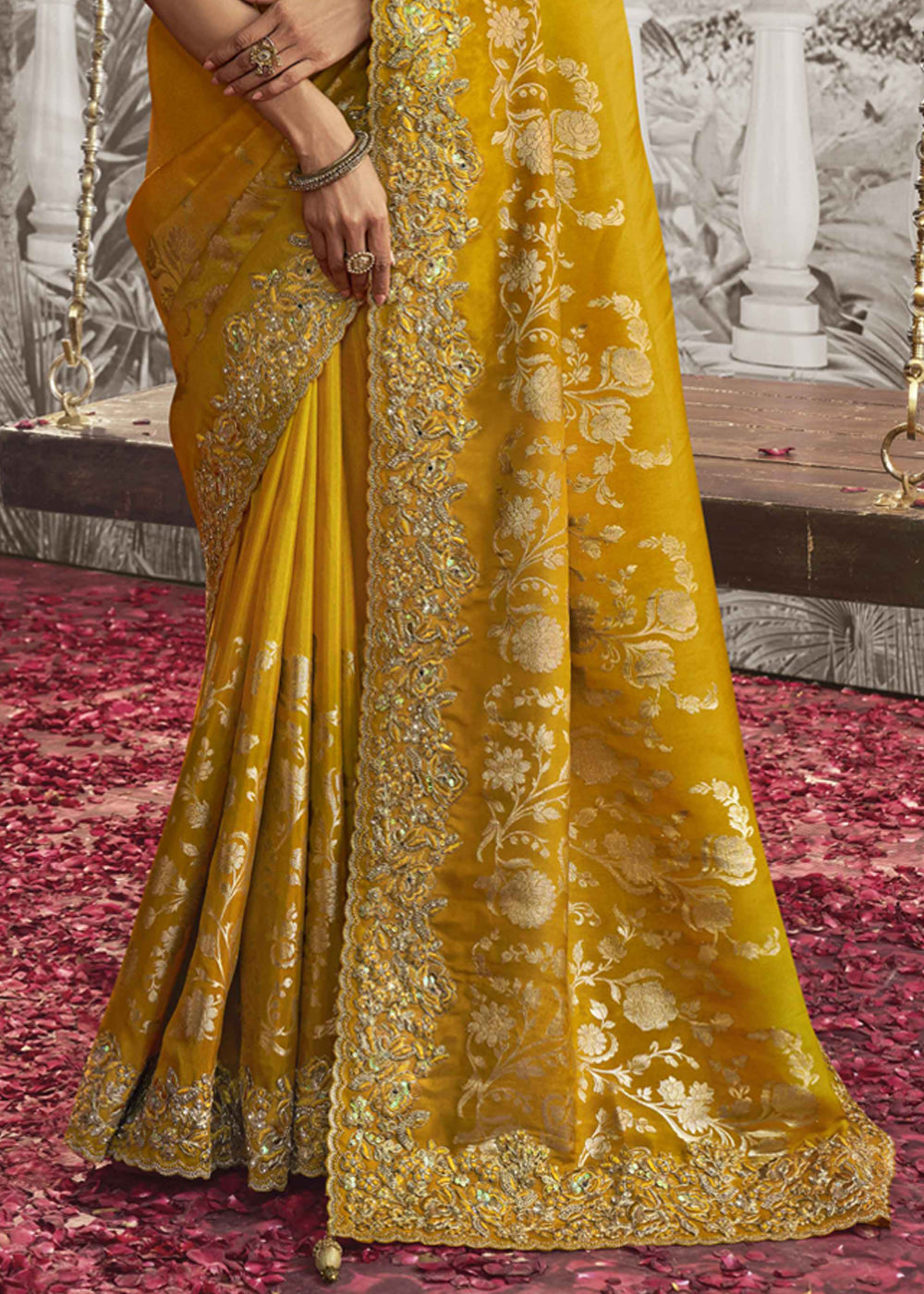 Cyber Yellow Embroidered Designer Silk Saree