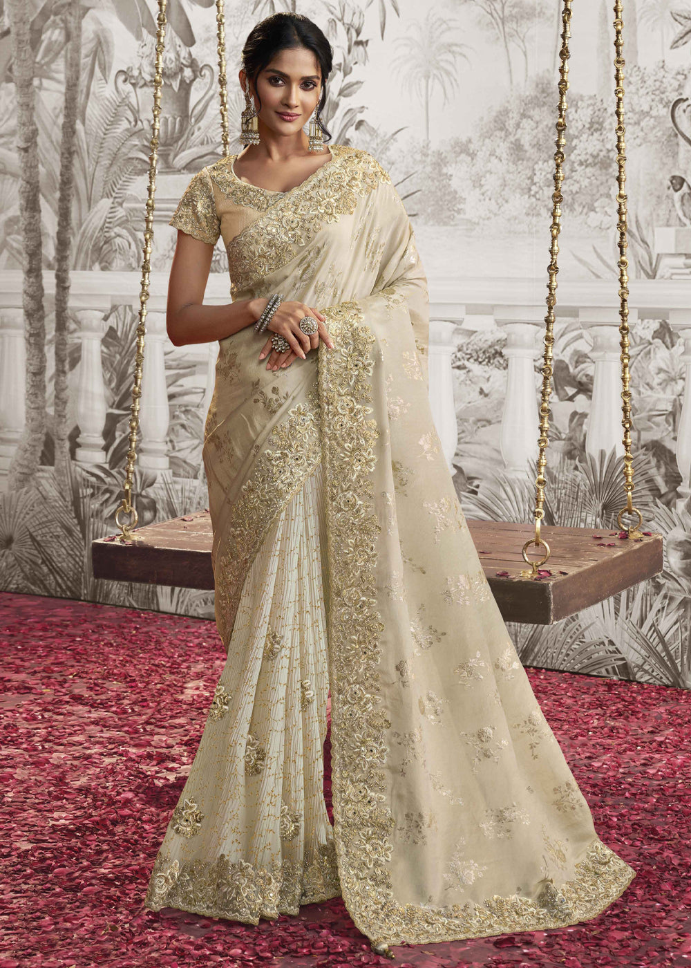 Linen White Embroidered Designer Silk Saree