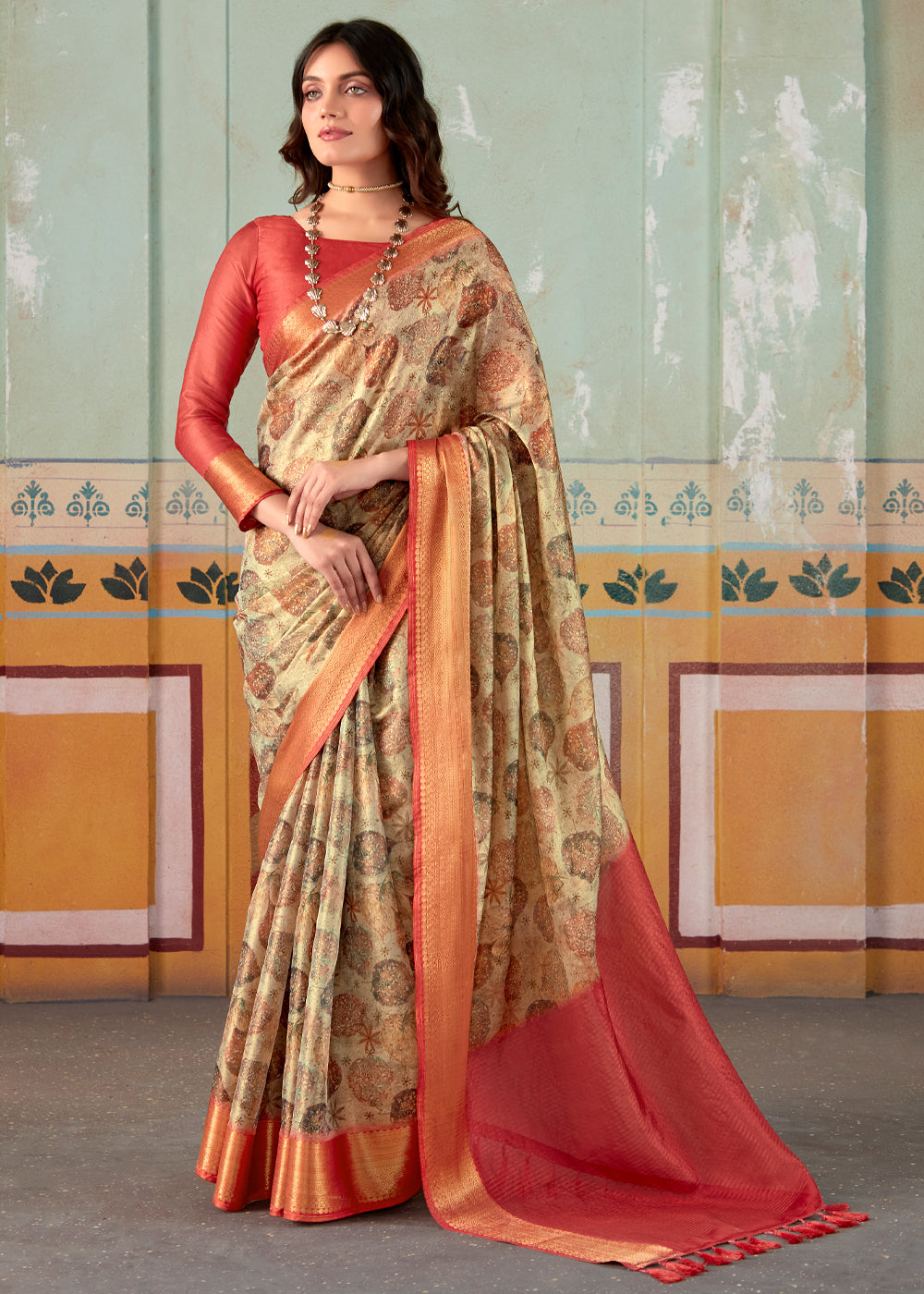 Mongoose Brown and Red Banarasi Tissue Silk Saree