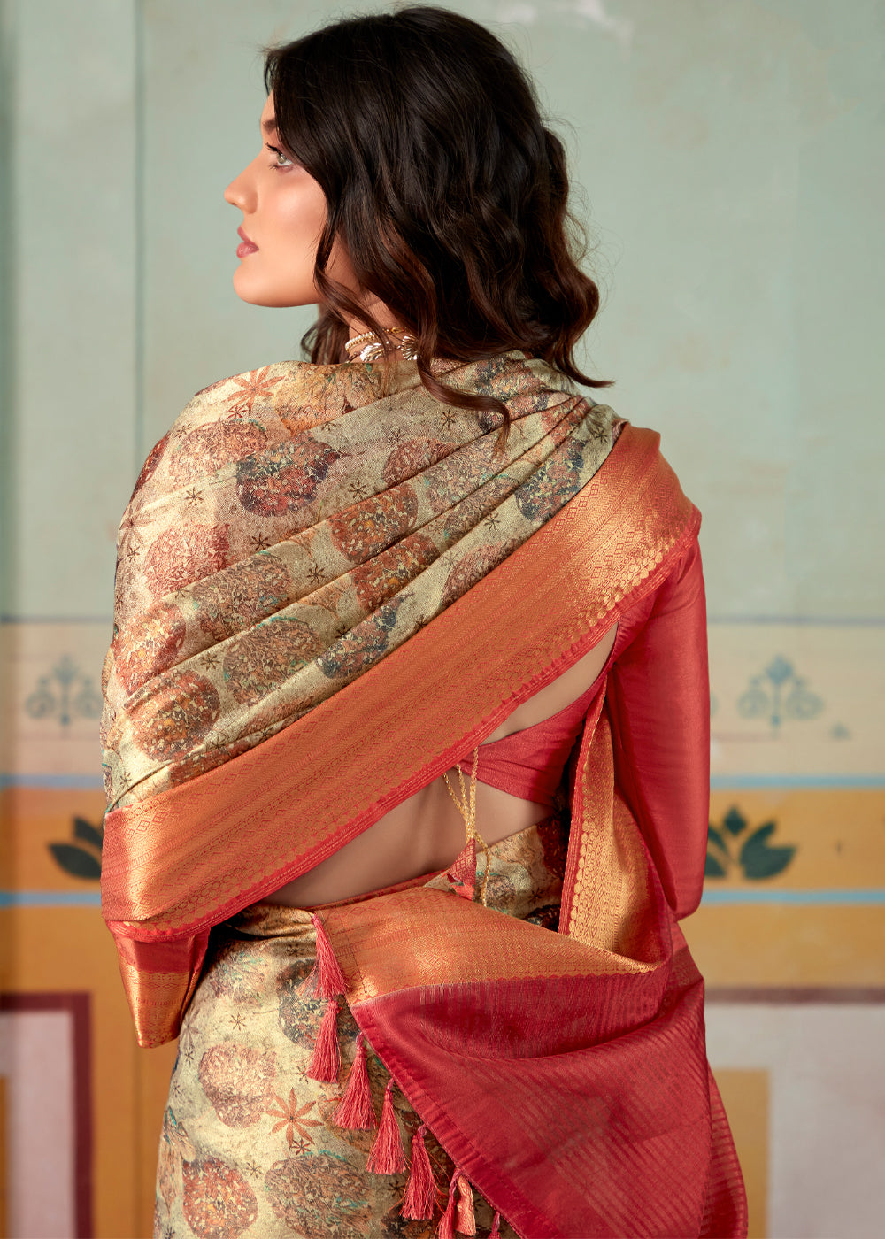 Mongoose Brown and Red Banarasi Tissue Silk Saree